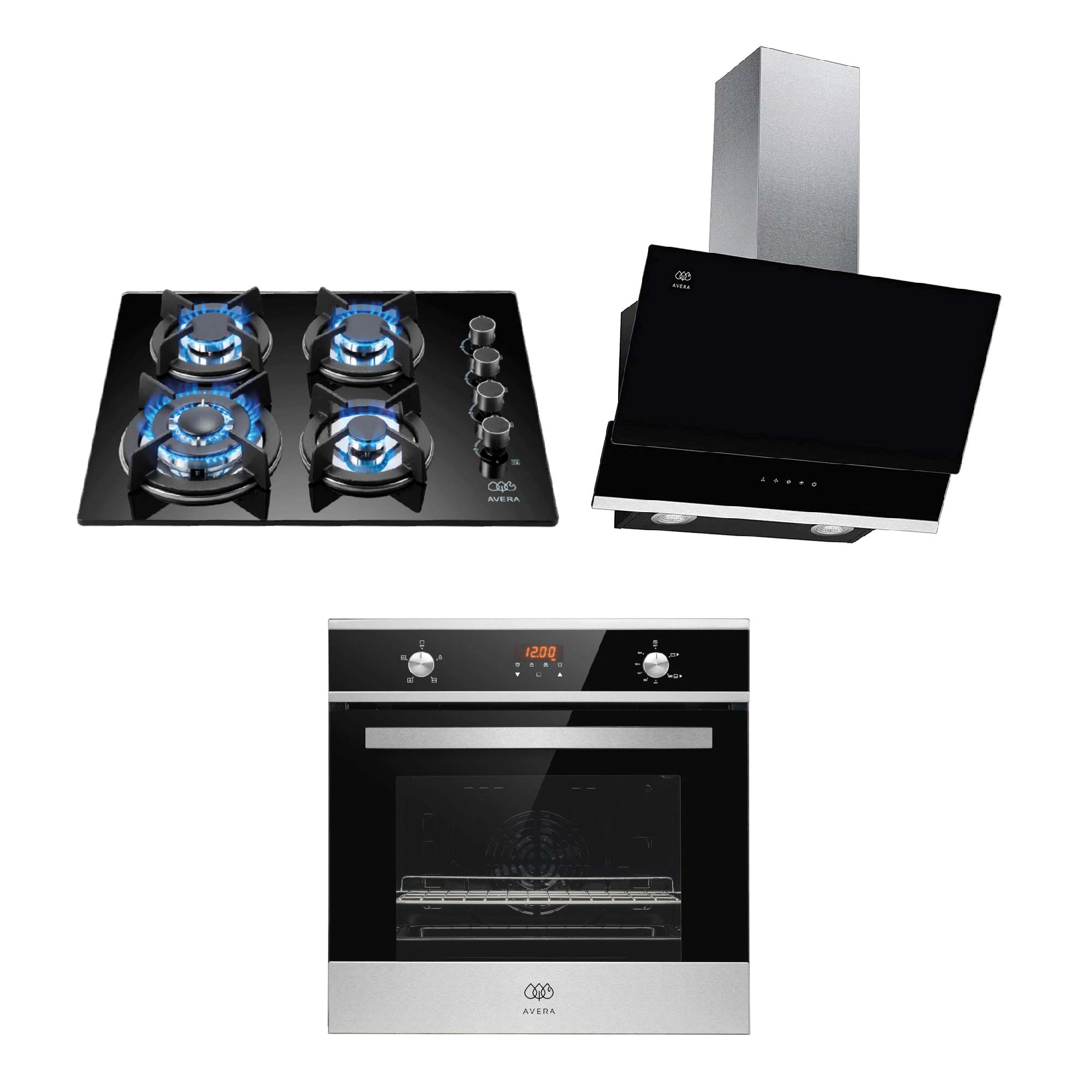 Combo Parrilla a Gas Avera VT4CEA60CHE01NAT color Negro 4 Quemadores Campana Extractora 60 CM y Horno Empotrable