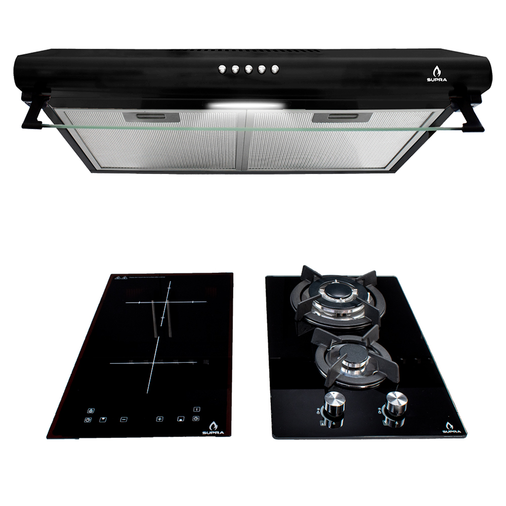 Campana de Pared CB-60-BLACK / Parrilla de Inducción DUE-V y Parrilla de Gas Domino Glass Supra Cavallino