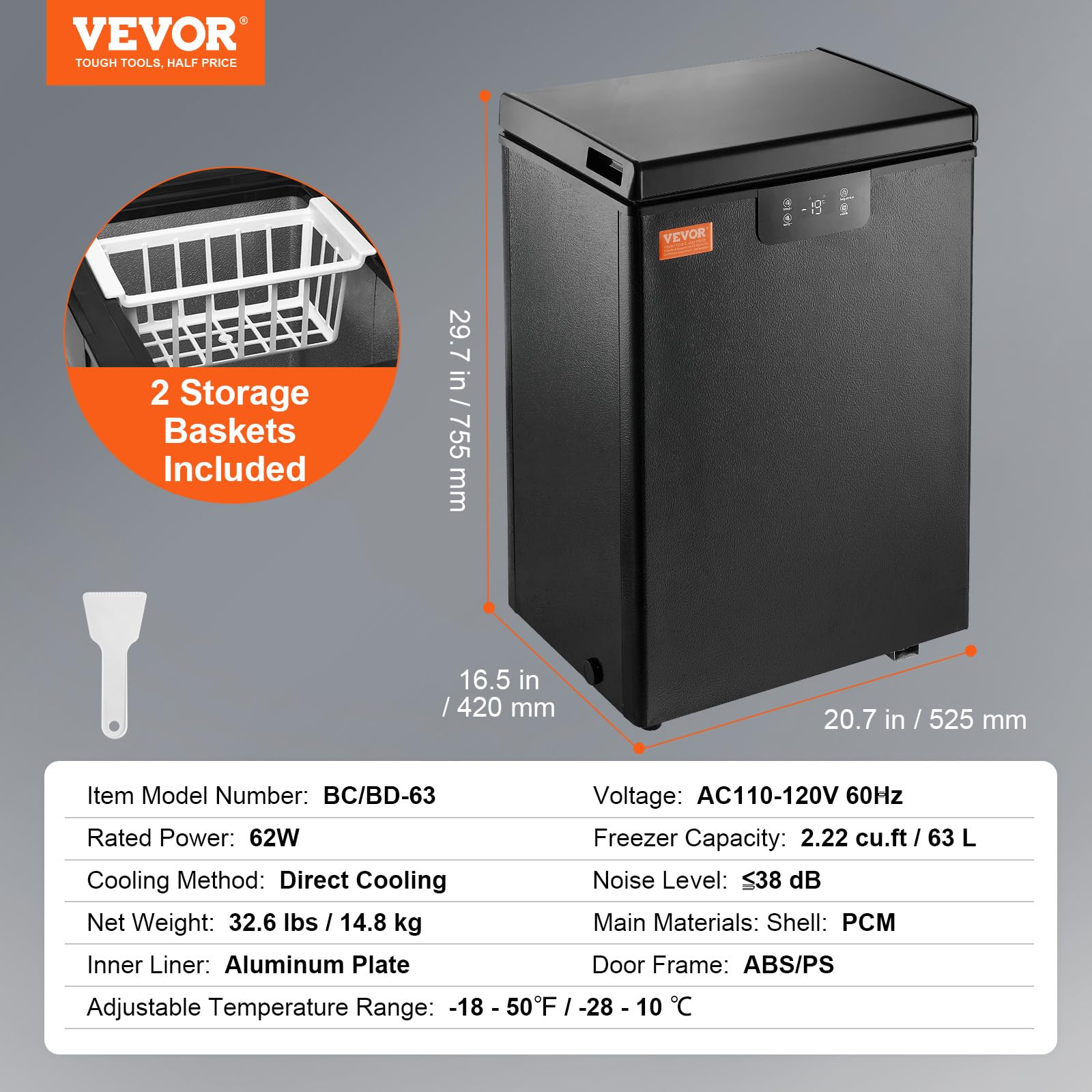 Foto 7 | Congelador Horizontal Vevor 63 L Compact De 2.22 Pies Cúbicos Con 2 Cestas, Color Negro - Venta Internacional.