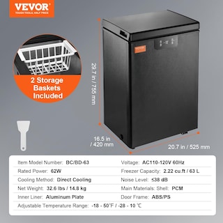 Foto 7 | Congelador Horizontal Vevor 63 L Compact De 2.22 Pies Cúbicos Con 2 Cestas, Color Negro - Venta Internacional.