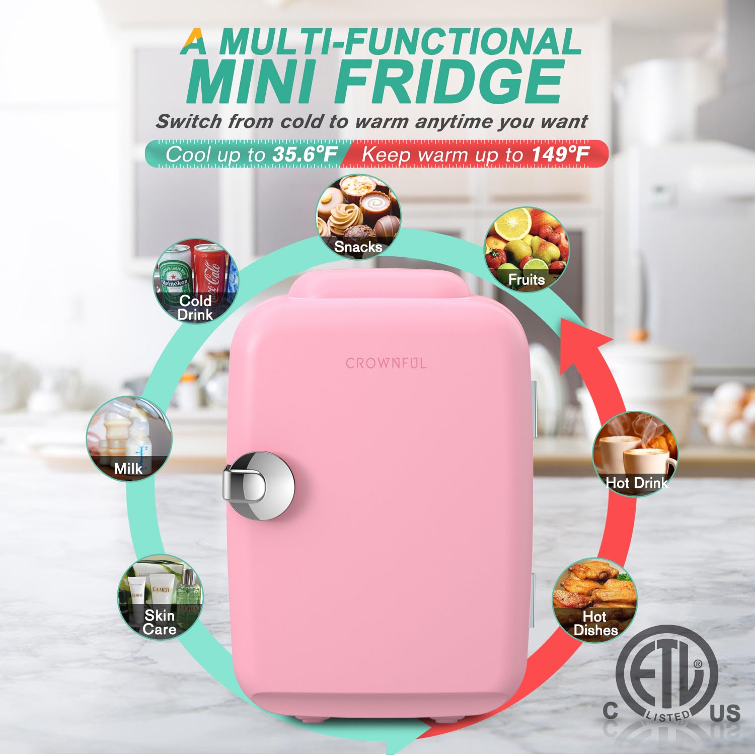 Foto 4 pulgar | Minirefrigerador Crownful Portátil Rosa - Venta Internacional