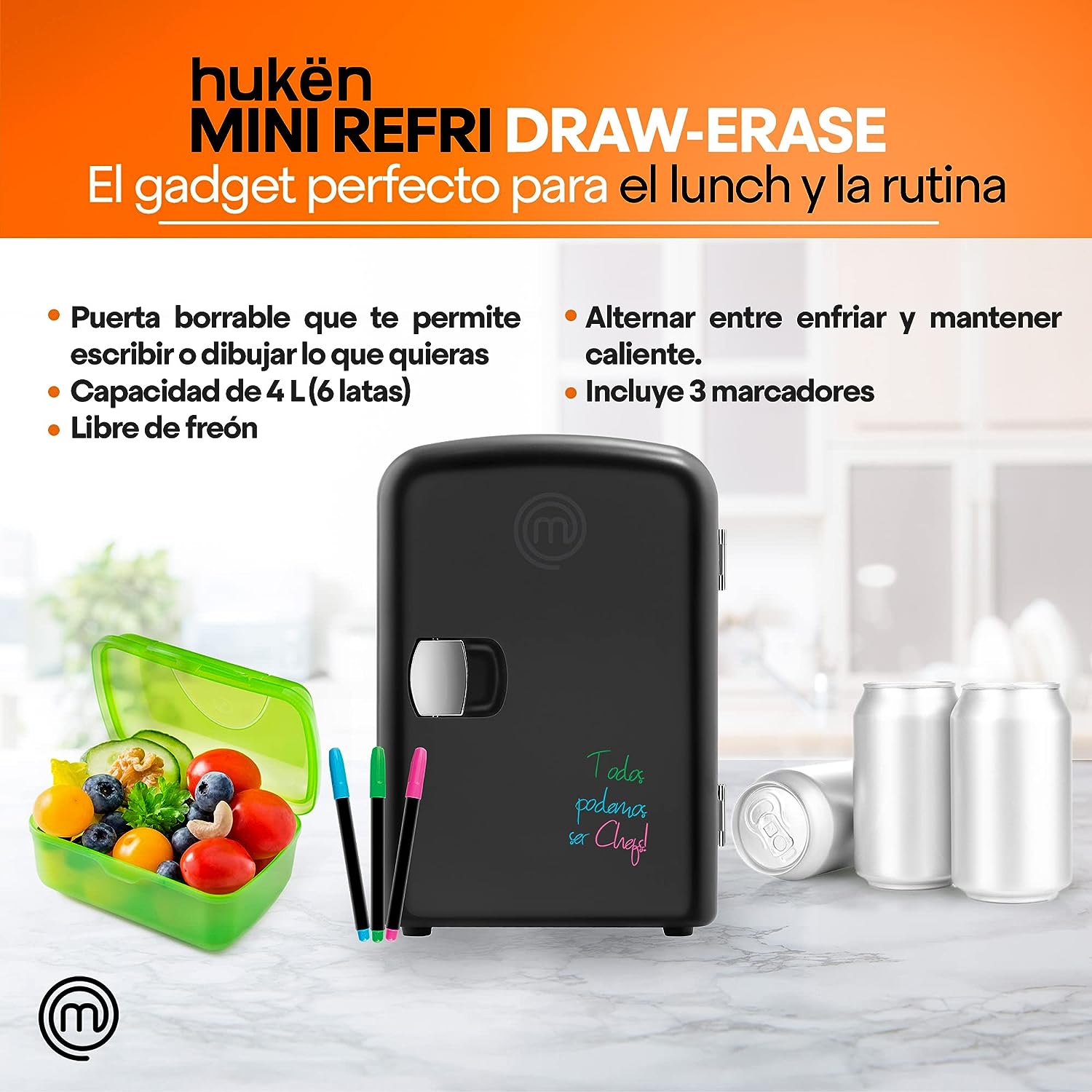 Foto 6 pulgar | Mini Refri Masterchef color Negro Draw-Erase 4 L