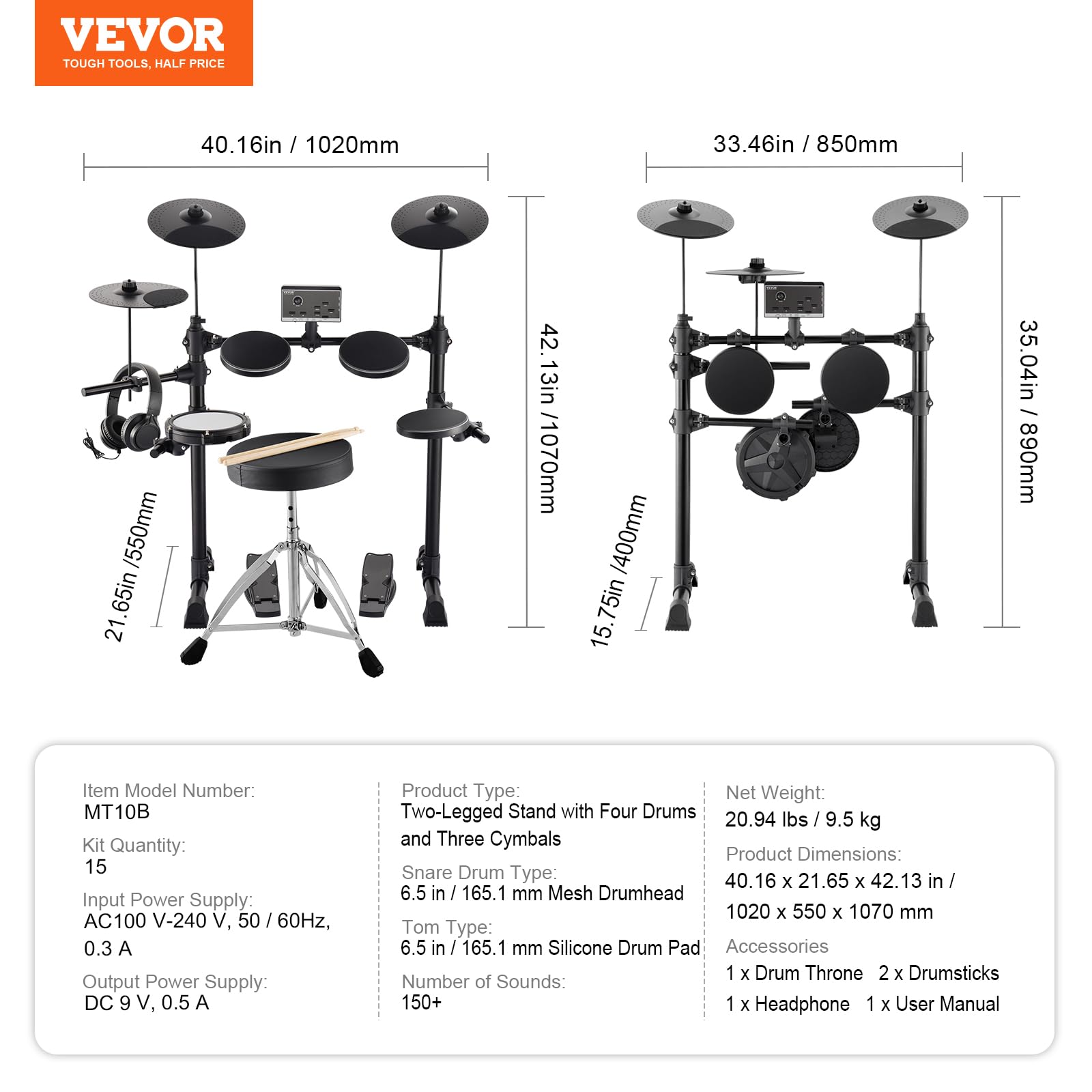 Foto 7 | Batería Eléctrica Vevor, Platillos De 6.5 Pulgadas, 10 Pulgadas, 15 Kits, 150 Sonidos - Venta Internacional.