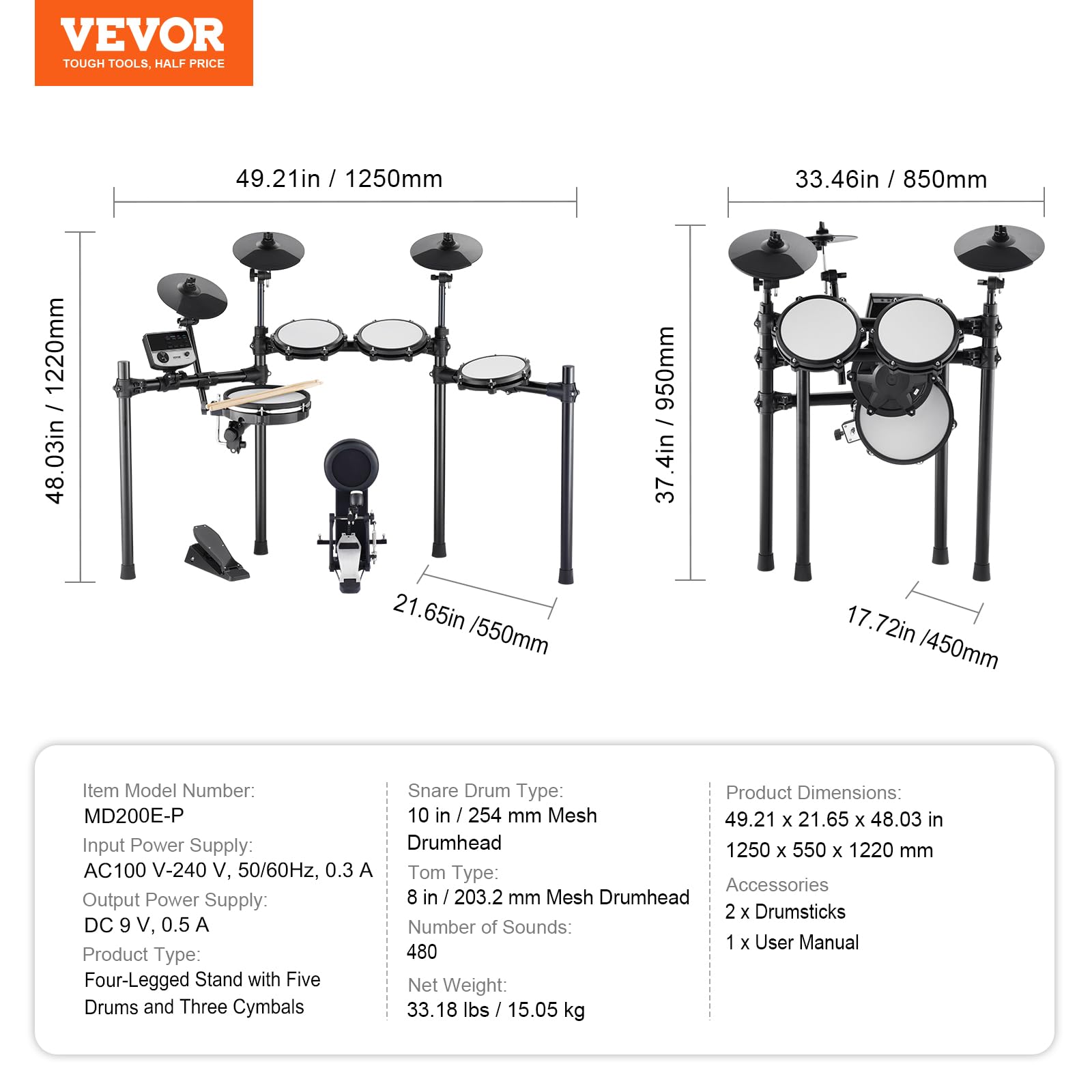 Foto 7 | Batería Eléctrica Vevor 32 Kits De Batería 480 Sonidos Usb Midi - Venta Internacional.