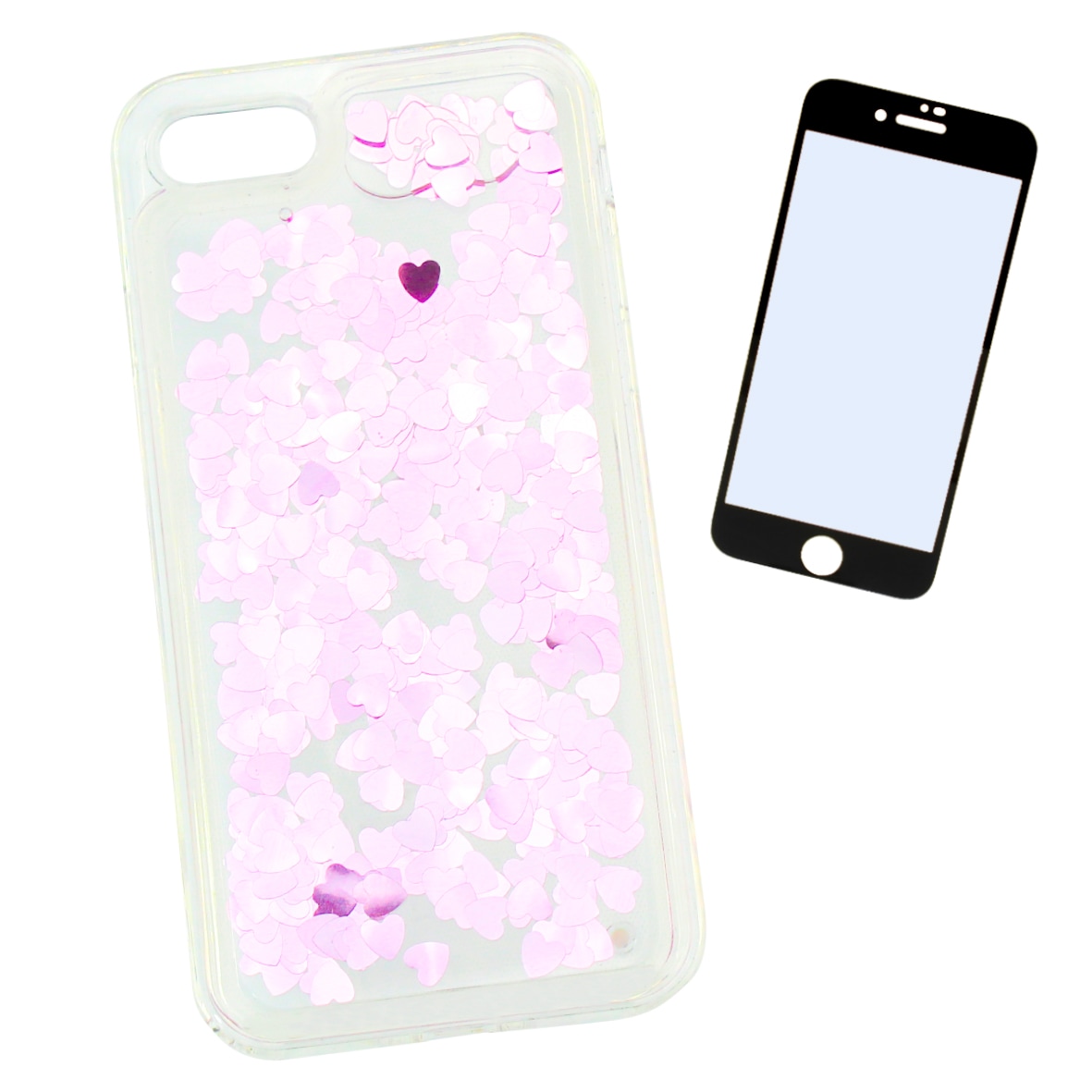 Kit Triche para iPhone 7 / 8 / Se 2020 Case Pecera Corazones Rosa + Cristal 9d $259