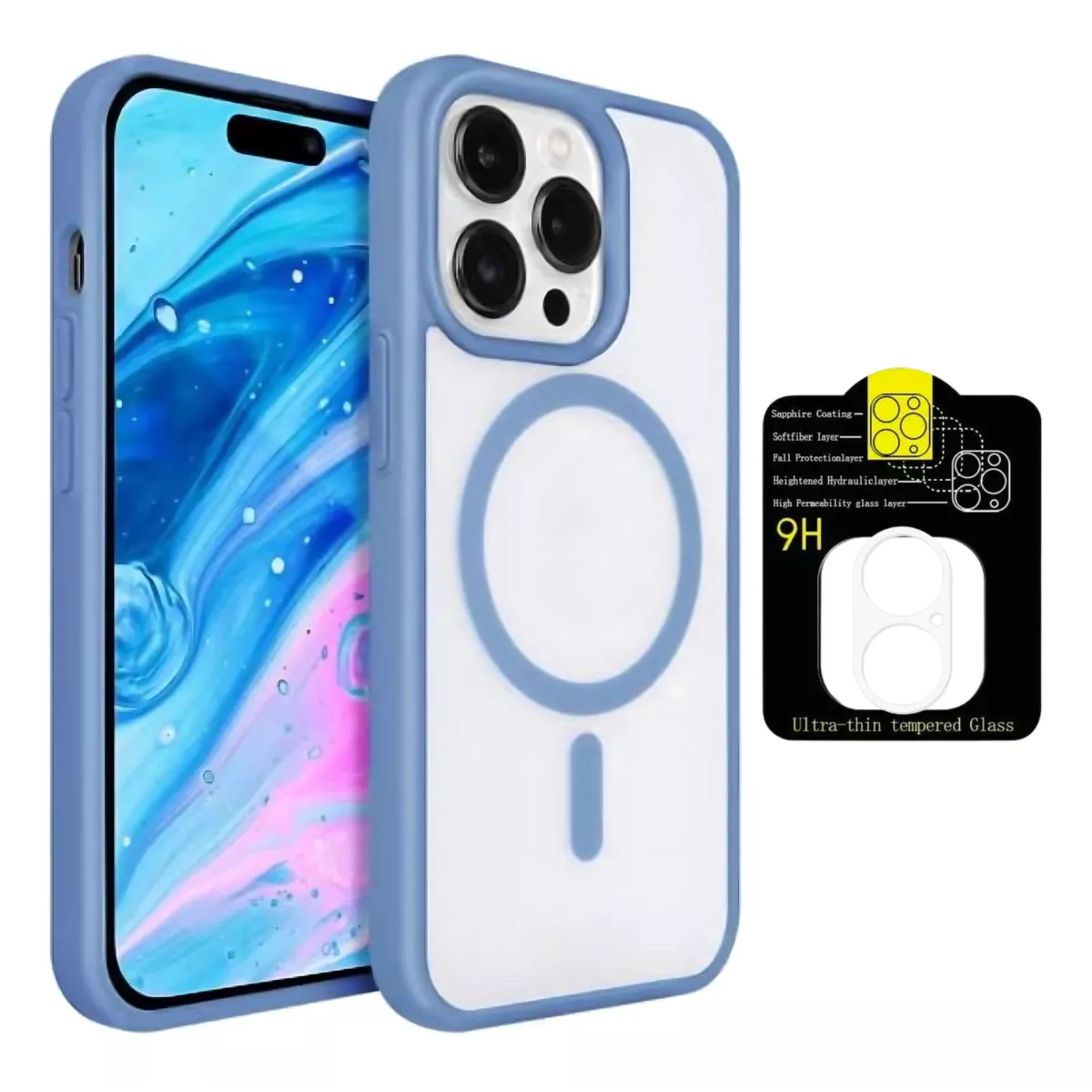 Kit Mica Cámara + Funda Case Transparente con Azul para iPhone 16 Pro