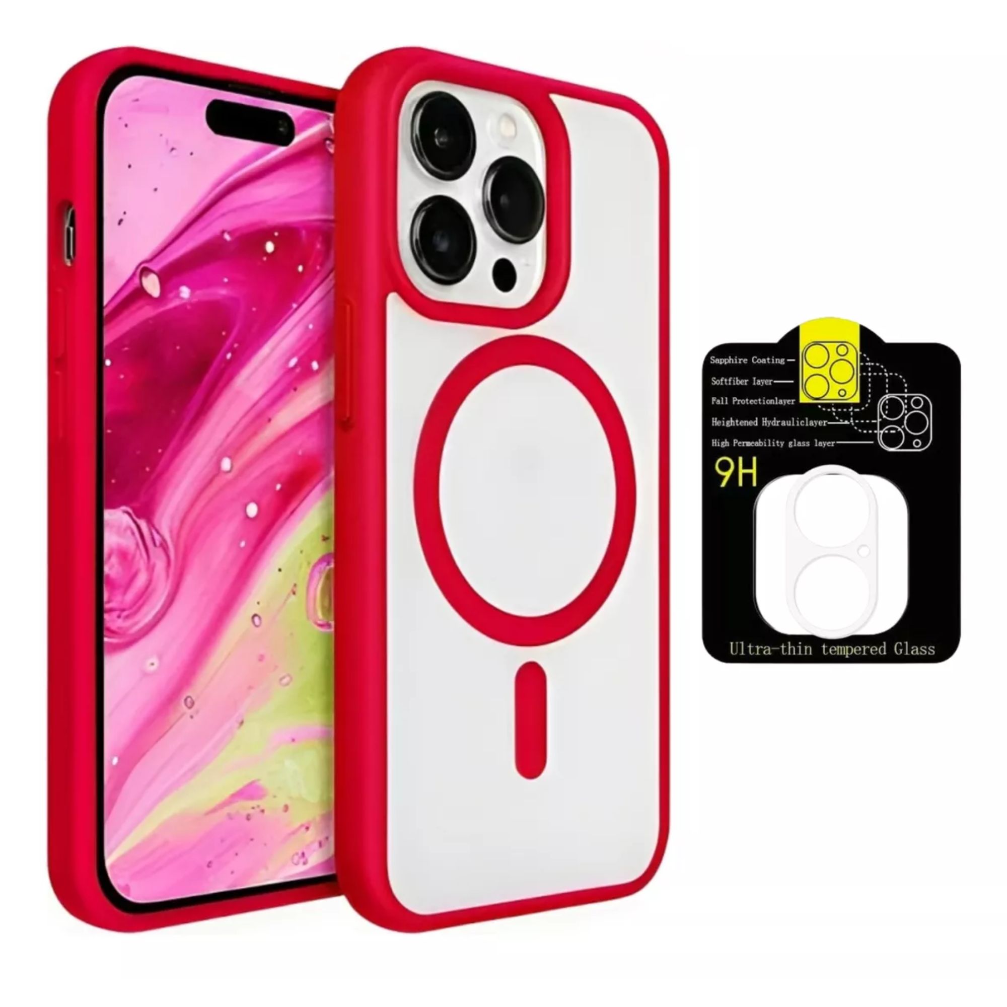 Foto 2 pulgar | Kit Mica Cámara + Funda Case Transparente con Rojo para iPhone 16 Pro