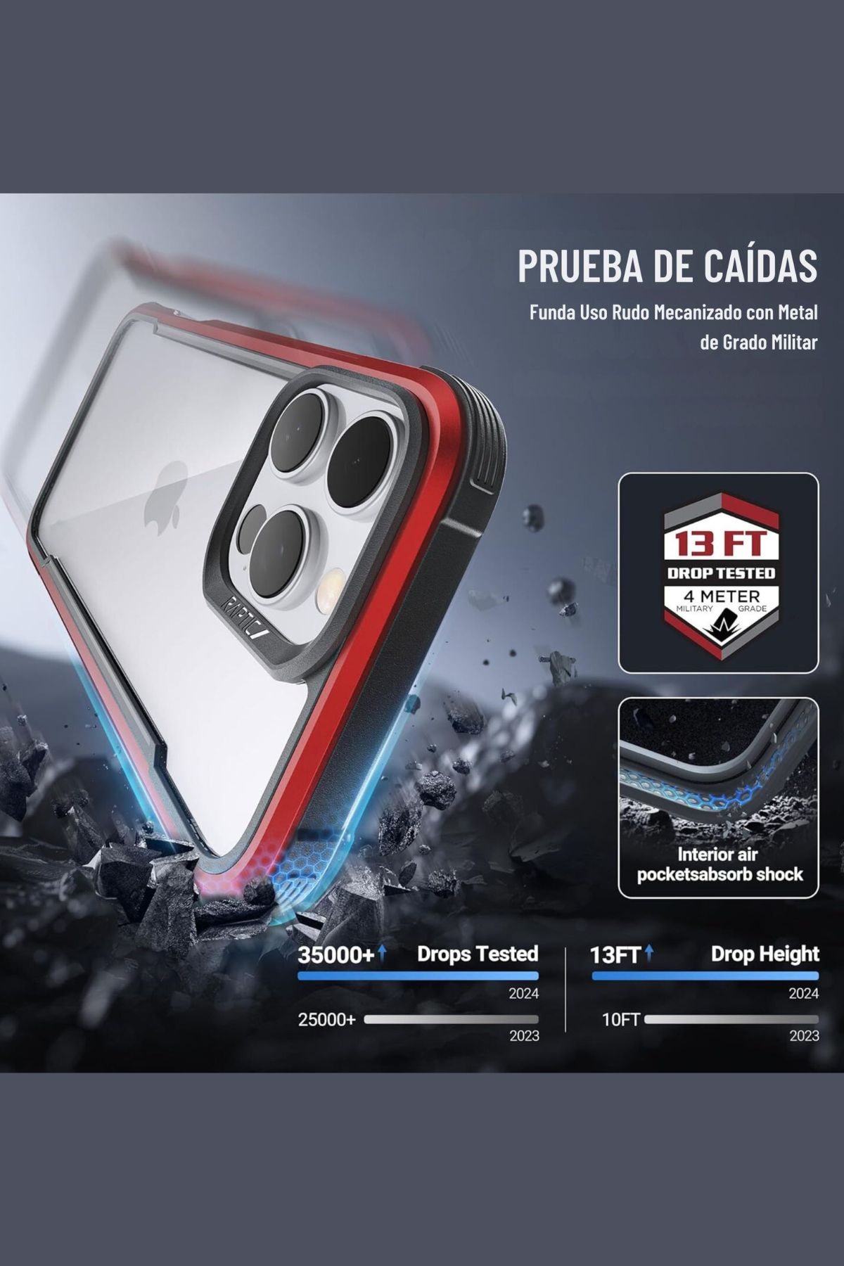 Foto 4 pulgar | Funda Aluminio Raptic Shield Uso Rudo Para Iphone 16 Pro Max Rojo
