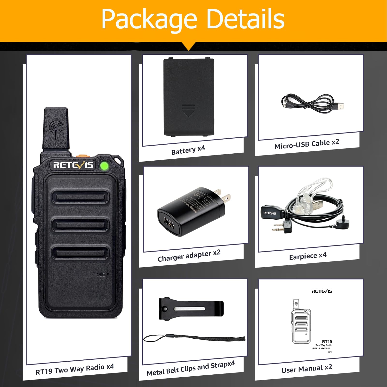 Foto 7 | Walkie Talkie Retevis Rt19 Con Micrófono, Largo Alcance 1300 Mah (paquete De 4) - Venta Internacional.