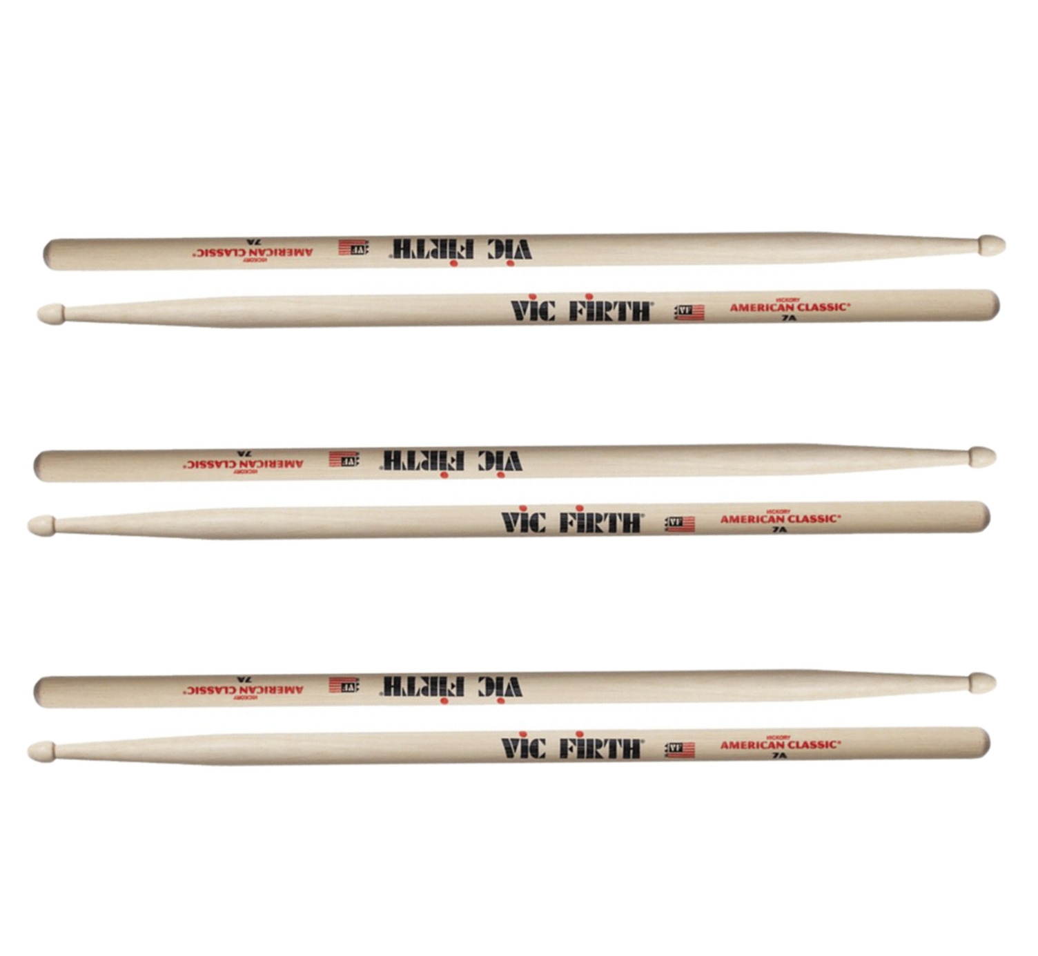 Juego de 3 pz Baquetas para Batería Vic Firth 7a con Punta de Madera color Beige