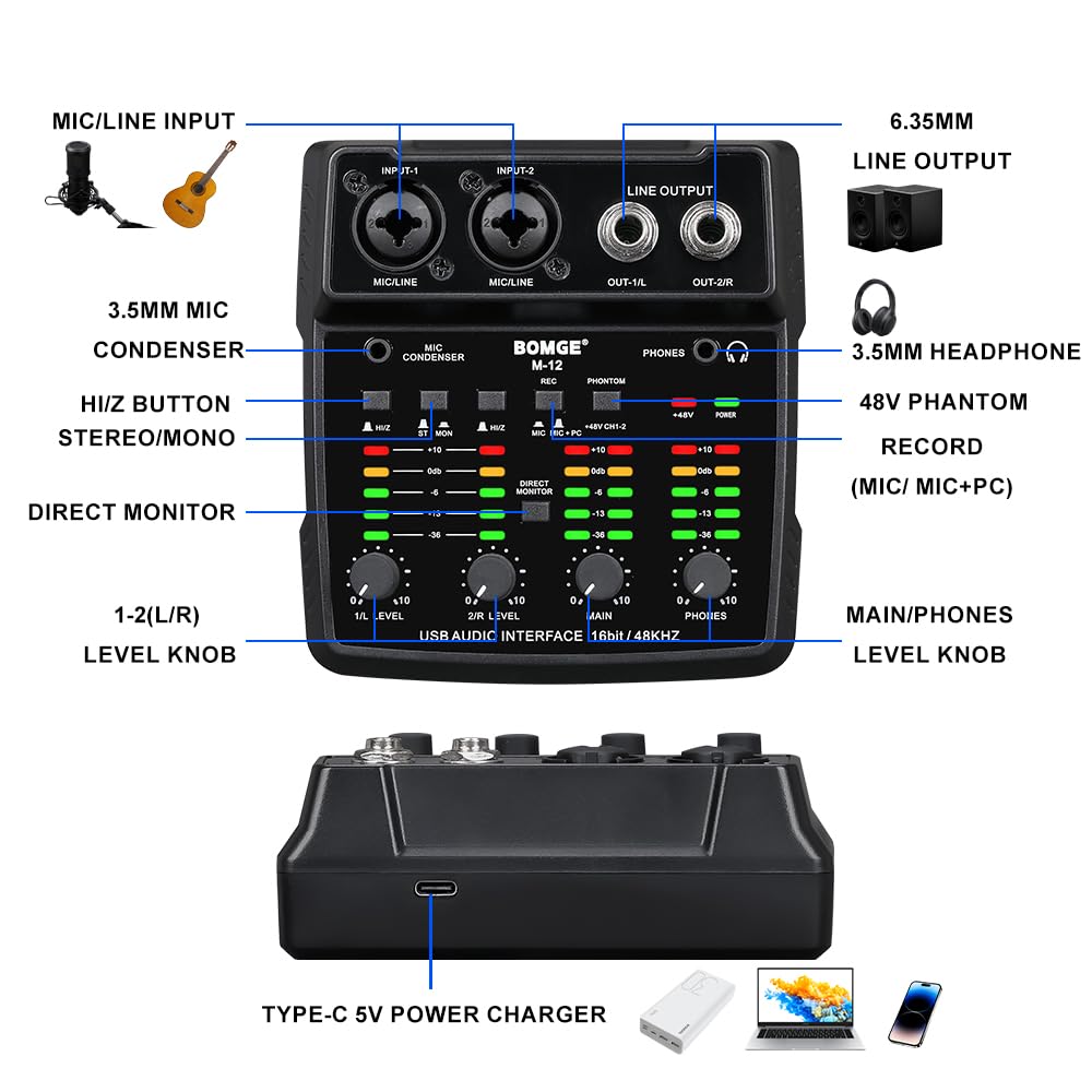 Foto 7 pulgar | Interfaz De Audio Usb Bomge M12 Mezclador De 2 Canales Con Alimentación De 48 V - Venta Internacional.