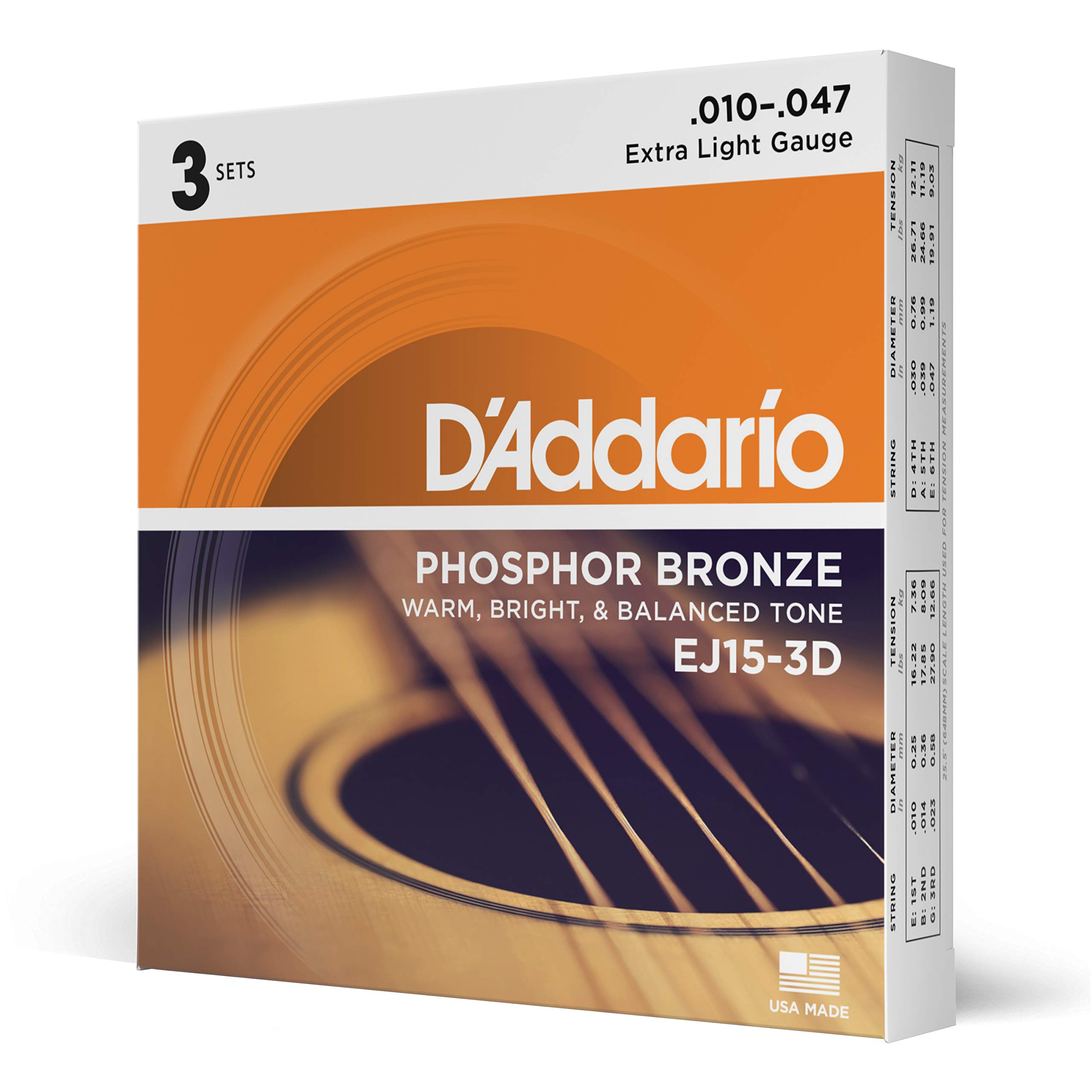 Juego De 3 Cuerdas Para Guitarra D'addario Phosphor Bronze Ej15-3d 10-47 - Venta Internacional.