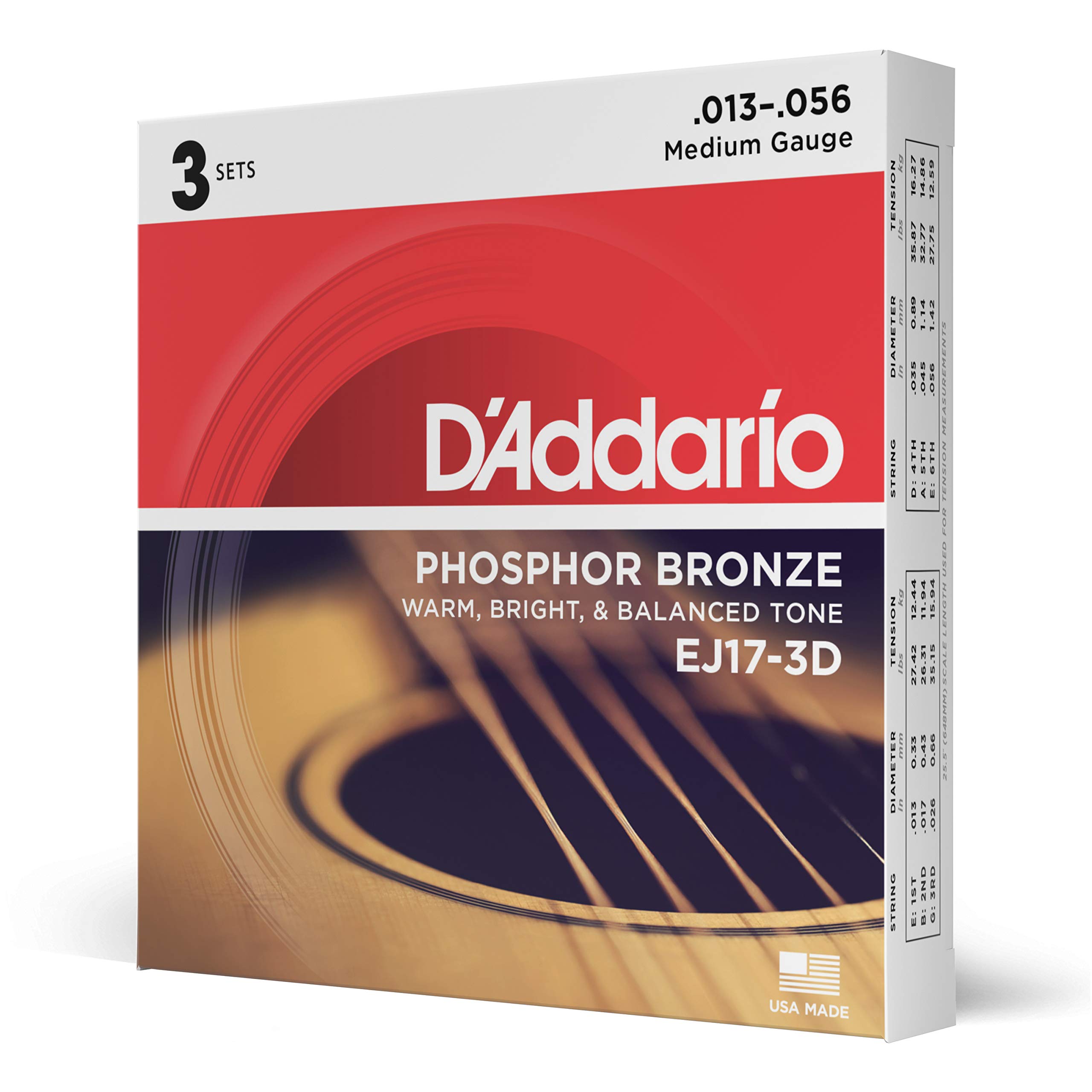 Cuerdas Para Guitarra D'addario Phosphor Bronze Ej17-3d 13-56 Med 3pk - Venta Internacional.