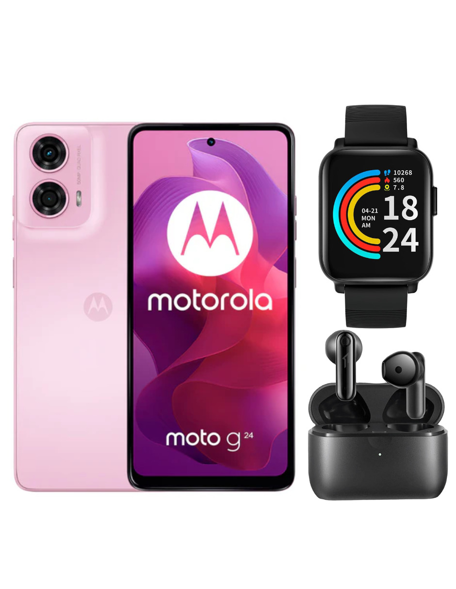 Bundle Smartphone Motorola Moto G24 128GB Rosa + Audífonos 1More Neo + Smartband E-Joy SE