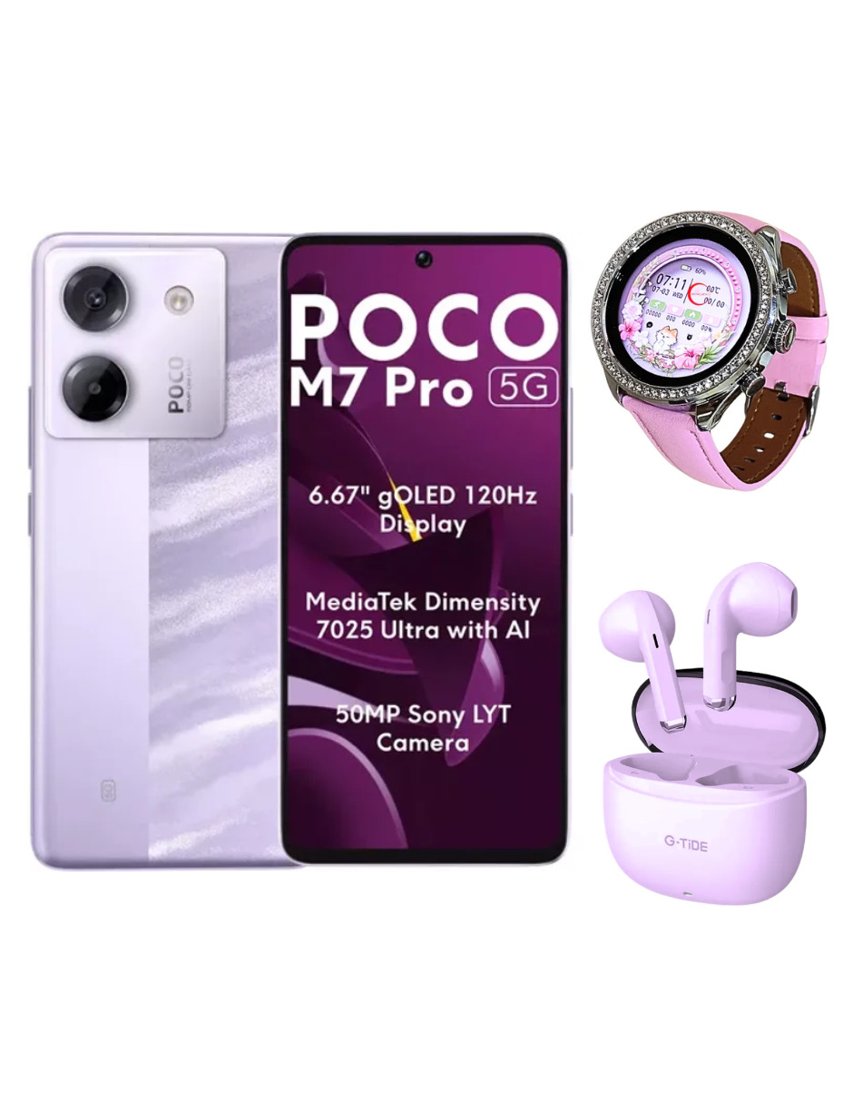 Foto 2 pulgar | Bundle Smartphone Xiaomi Poco M7 Pro 5g 256gb Rom Incluye Audífonos G-tide L21 y Smartwatch Bossney Rosa