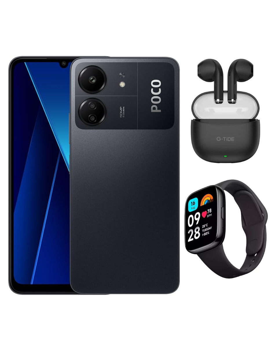 Bundle Smartphone Poco C65 256gb Rom Xiaomi Negro Incluye G-tide L21 y Redmi Watch 3 Active