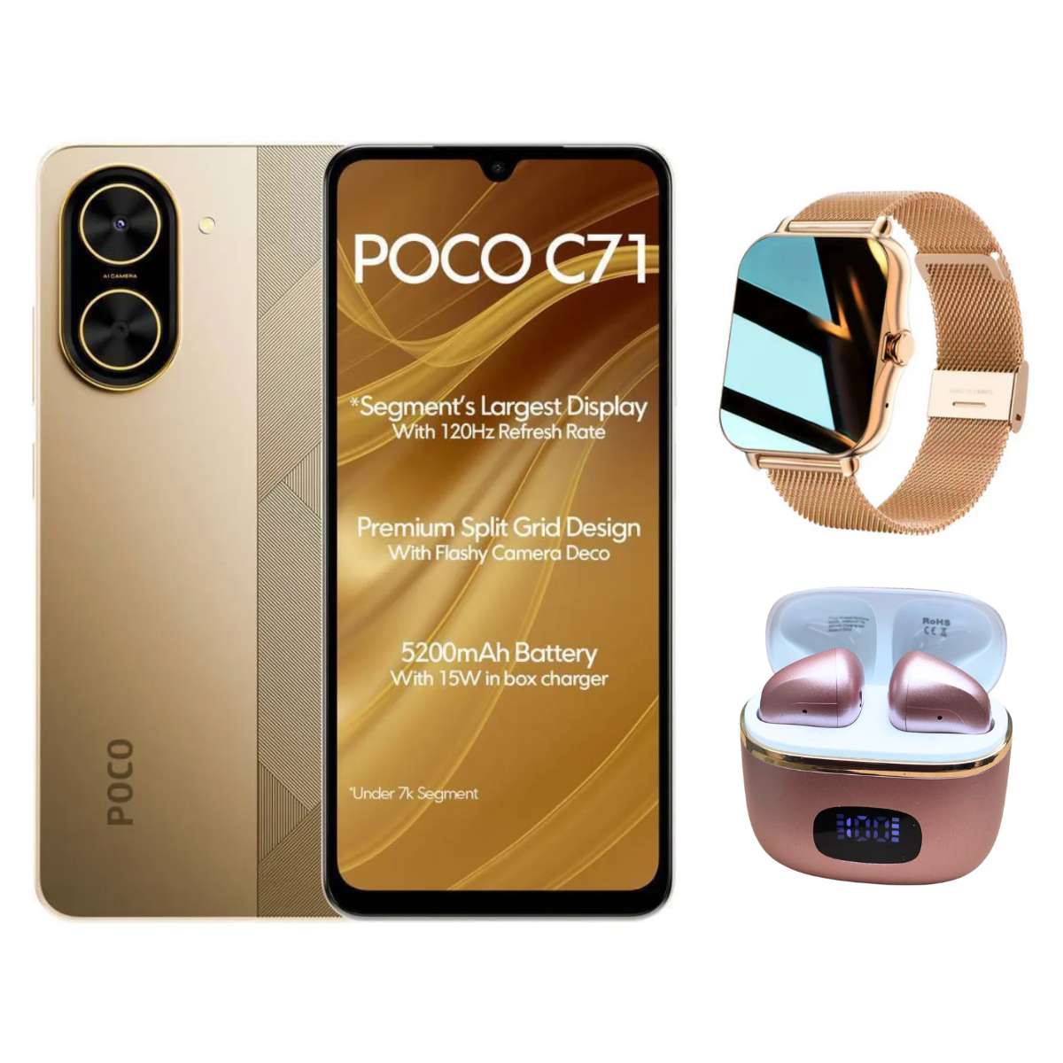 Foto 2 pulgar | Celular Xiaomi Poco C71 128 GB Dorado + Smartwatch-Y13 + Audífonos Sabala ST-761