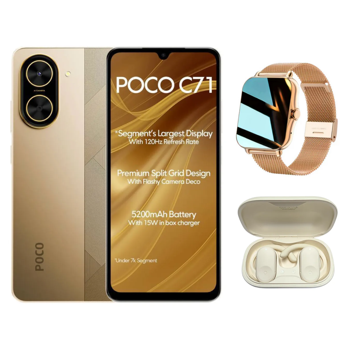 Foto 2 pulgar | Bundle Xiaomi Poco C71 128gb Rom Xiaomi Dorado Incluye Smartwatch-y13 + Audífonos G-tide Ows2