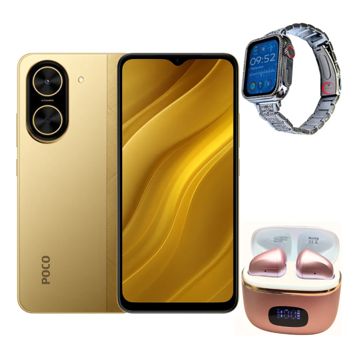 Foto 2 pulgar | Celular Xiaomi Poco C71 128 GB Dorado + Smartwatch Bossney + Audífonos Sabala ST-761