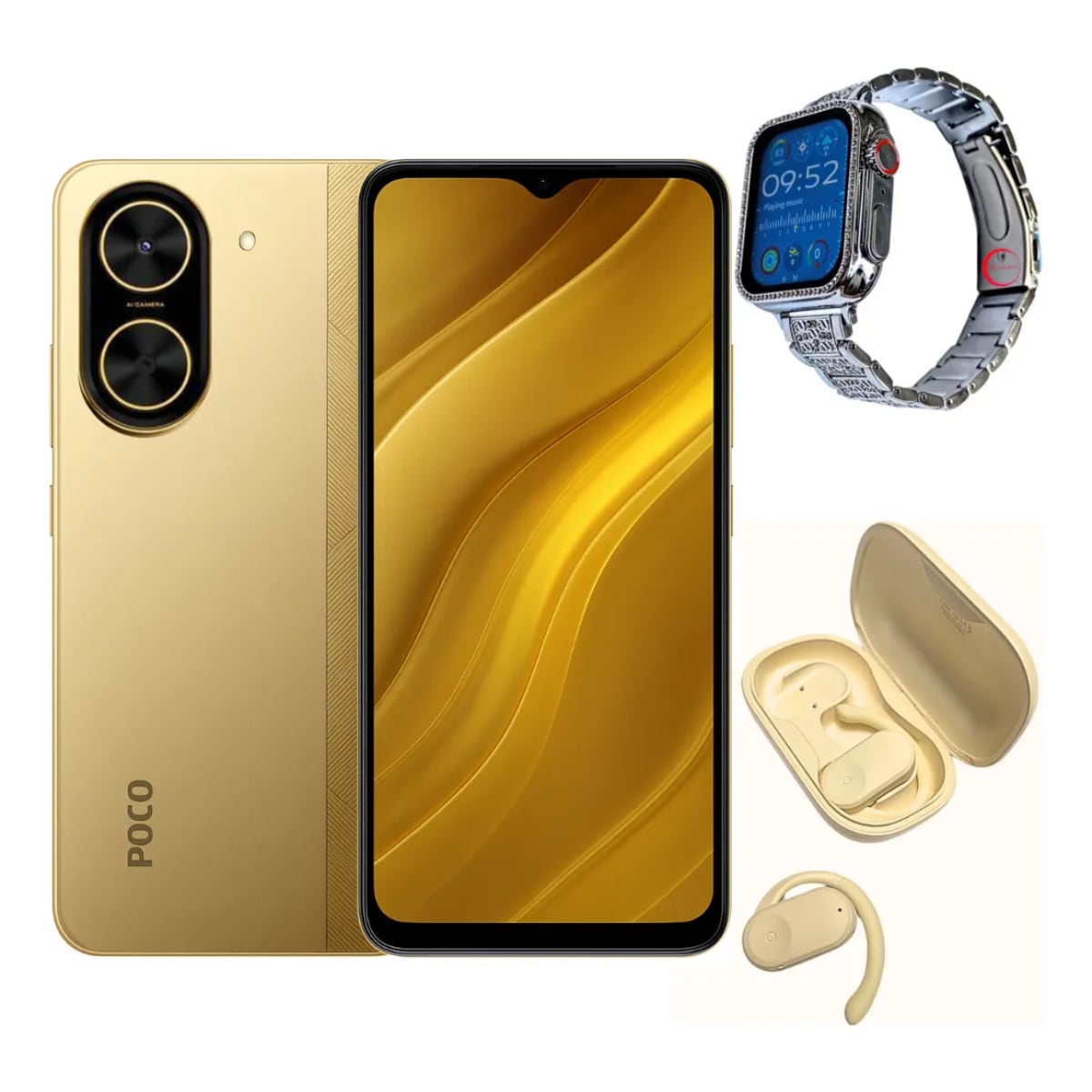 Celular Xiaomi Poco C71 128 GB Rom Dorado + Smartwatch Bossney Bs K2310 + Audífonos G-tide Ows2 $2,749