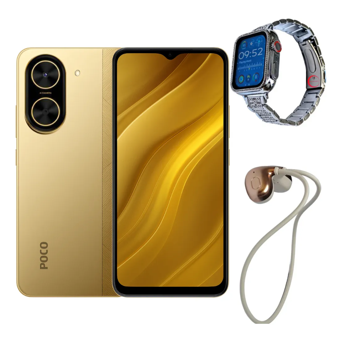 Foto 2 pulgar | Celular Xiaomi Poco C71 128 GB Dorado + Smartwatch Bossney BS K2310 + Audífonos G-Tide AC01
