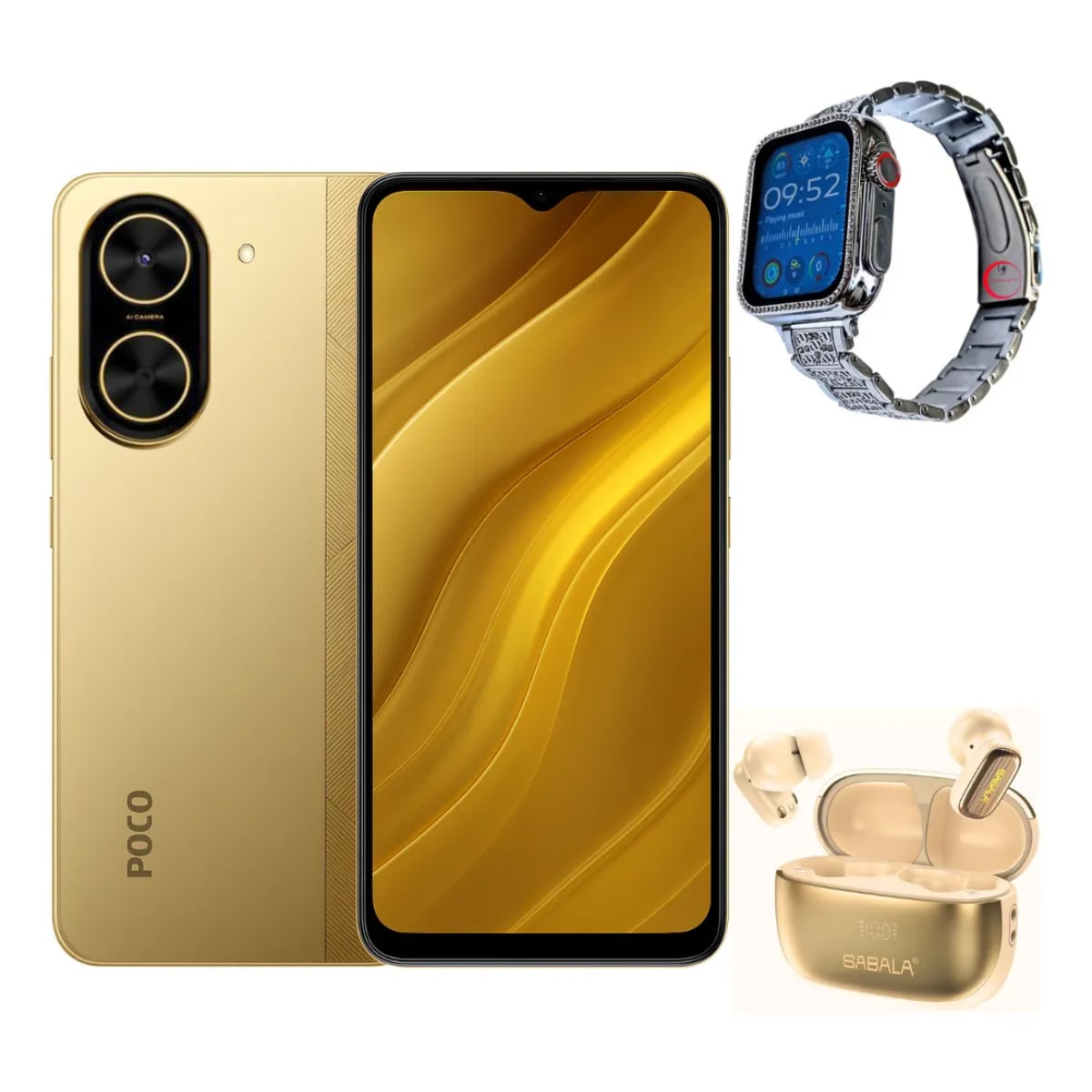 Celular Xiaomi Poco C71 128 GB Dorado + Smartwatch Bossney Bs K2310 + Audífonos Sabala St 766 $3,849