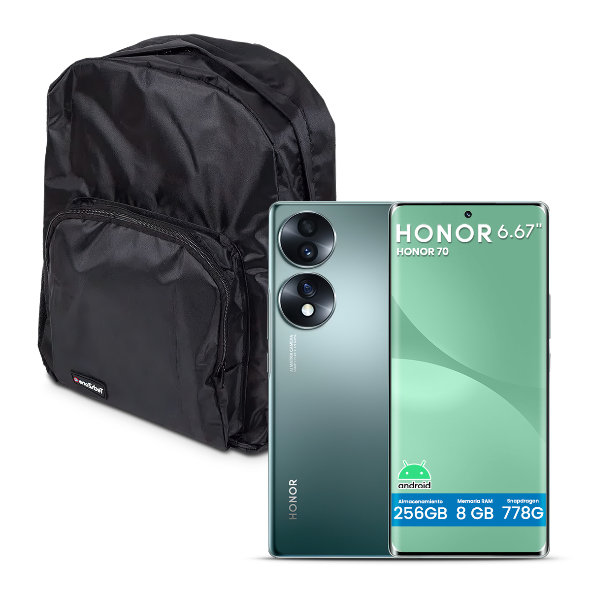 Foto 2 pulgar | ''combo Celular Honor 70 5g Snapdragon 778g Plus 8gb 256gb 6.67'''' Fhd+ Verde Esmeralda + Mochila ''