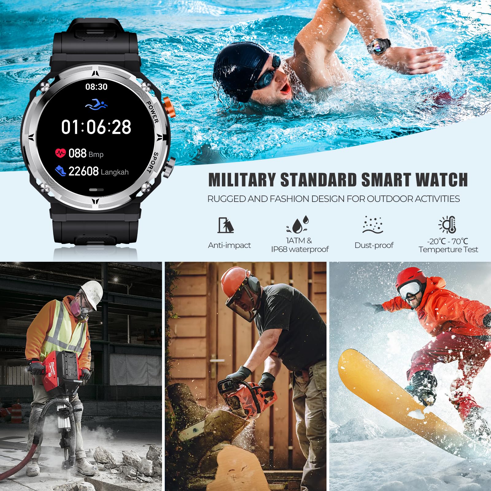 Foto 3 pulgar | Reloj Inteligente Militar VIRAN 5ATM Resistente al Agua con Bluetooth y Monitor de Salud - Venta Internacional