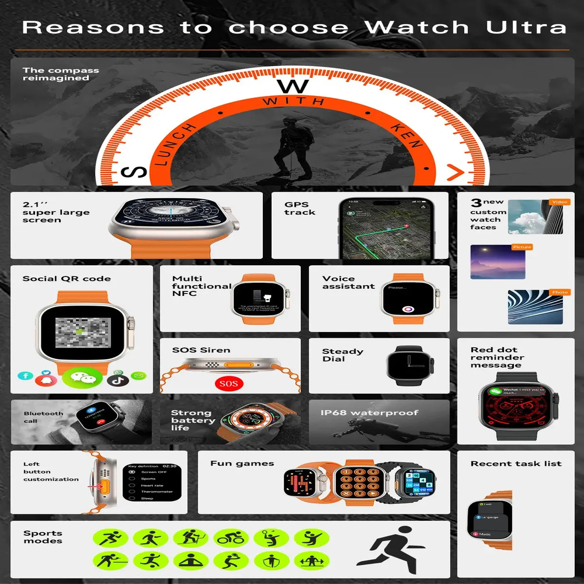 Foto 9 pulgar | Smartwatch N9 Ultra 2 Con Brujula By Ns Tech Naranja