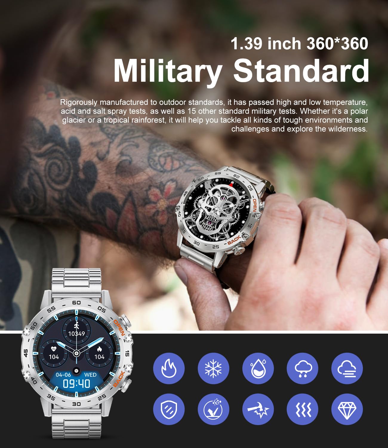 Foto 7 | Smartwatch Lige 1.39'' Military con Spo2 Monitor de Sueño Plateado - Venta Internacional