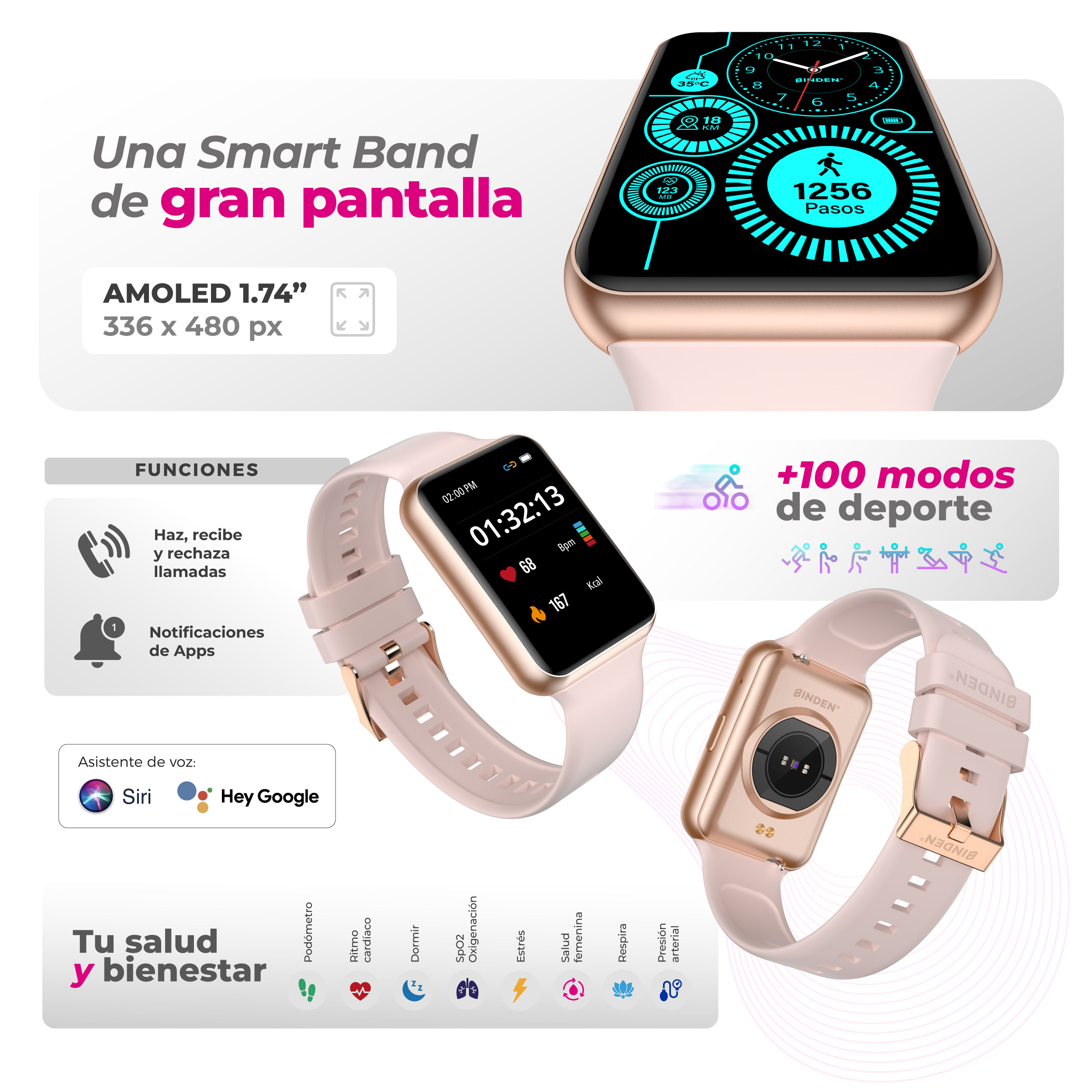 Foto 3 pulgar | Smartband Binden Era Fit View Rosa Amoled 1.74” Realiza Llamadas