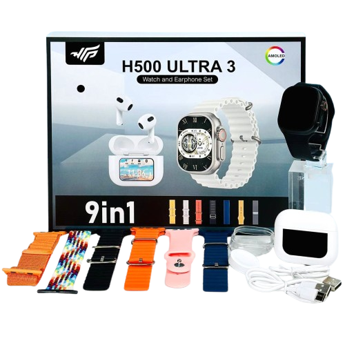 Kit smartwatch H500 ultra con 7 correas de regalo audífonos bluetooth con pantalla táctil y GPS