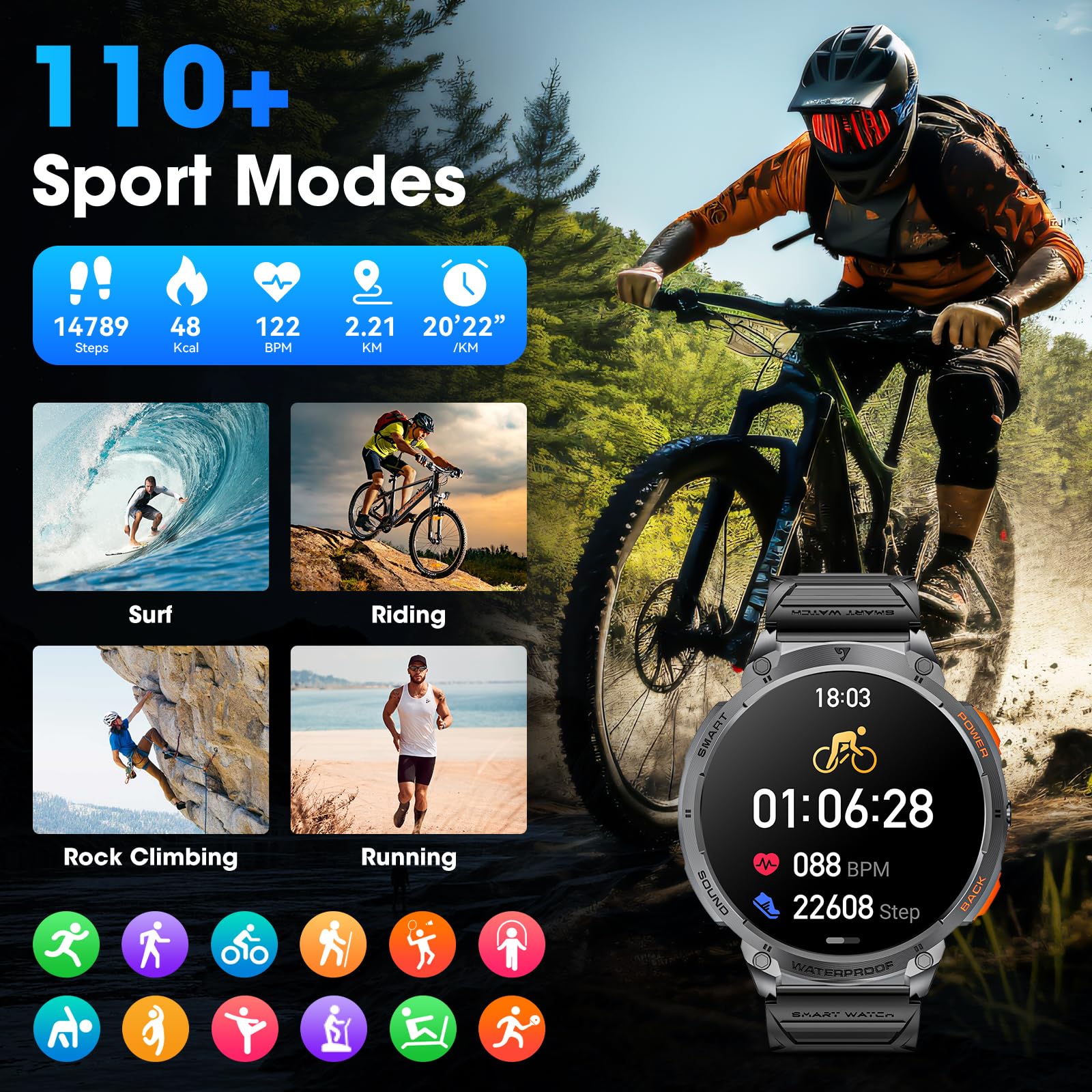 Foto 7 | Reloj Inteligente Mingwear Military Para Hombre, 1,85 Pulgadas, Hd Touch, 730 Mah - Venta Internacional.