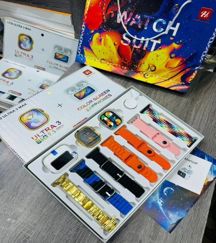 Foto 2 | Kit Smartwatch I730 Ultra 3 Max de Carga Inalámbrica con 7 Correas y Audífonos con Pantalla A9