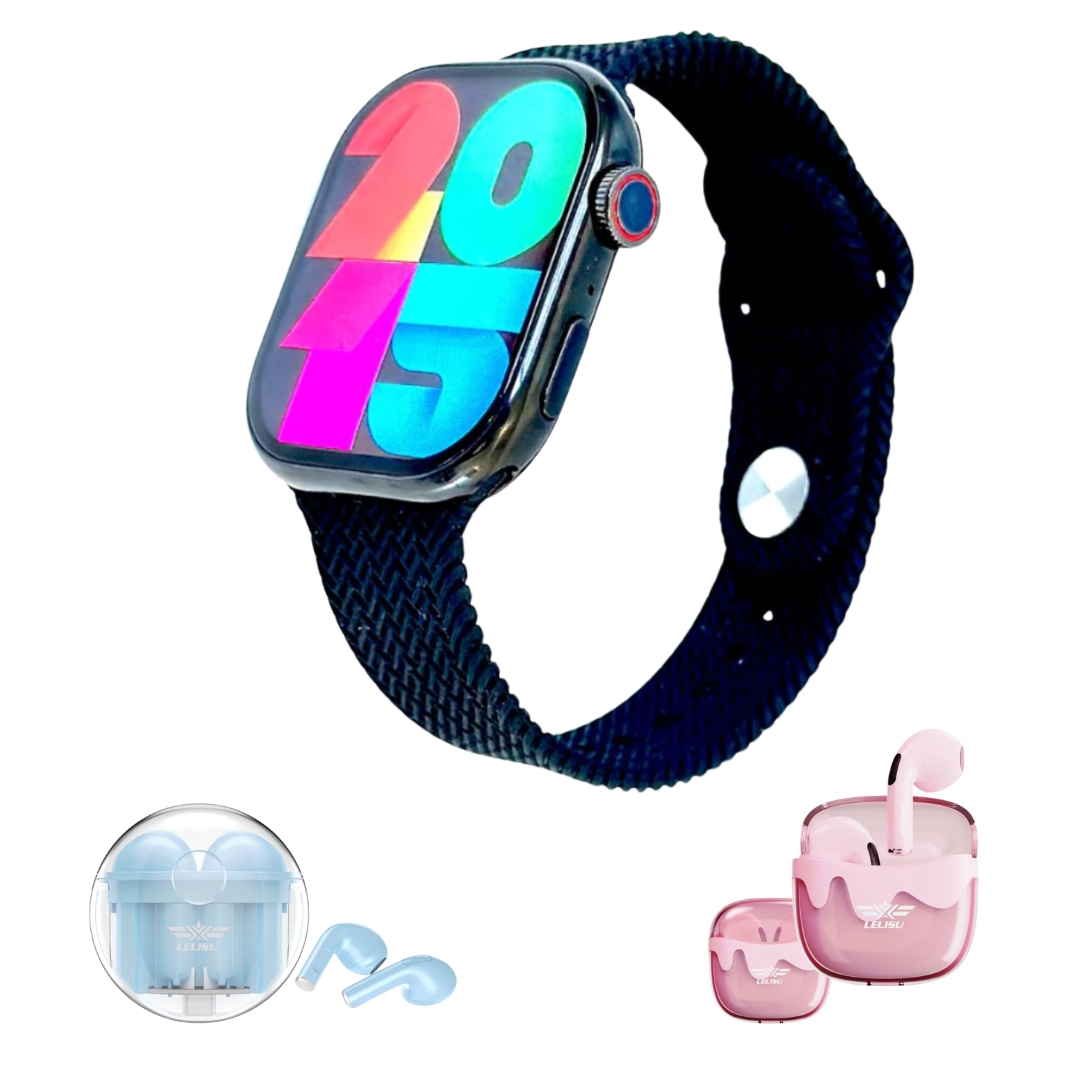 Foto 2 pulgar | Smartwatch JW9 Negro con 2 Audífonos Lelisu Rosa y Azul