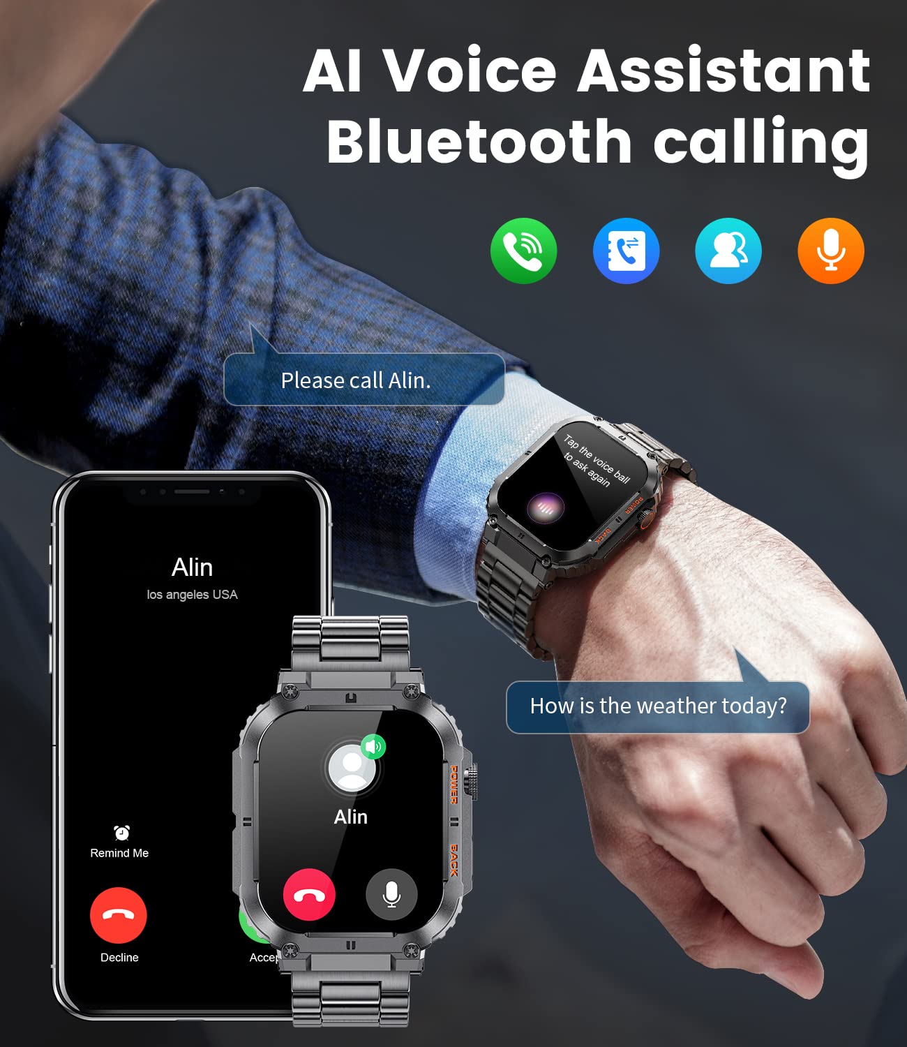 Foto 4 pulgar | Reloj Inteligente Lige Military Con Llamadas, Batería De 400 Mah Y 5 Atm, Negro - Venta Internacional.