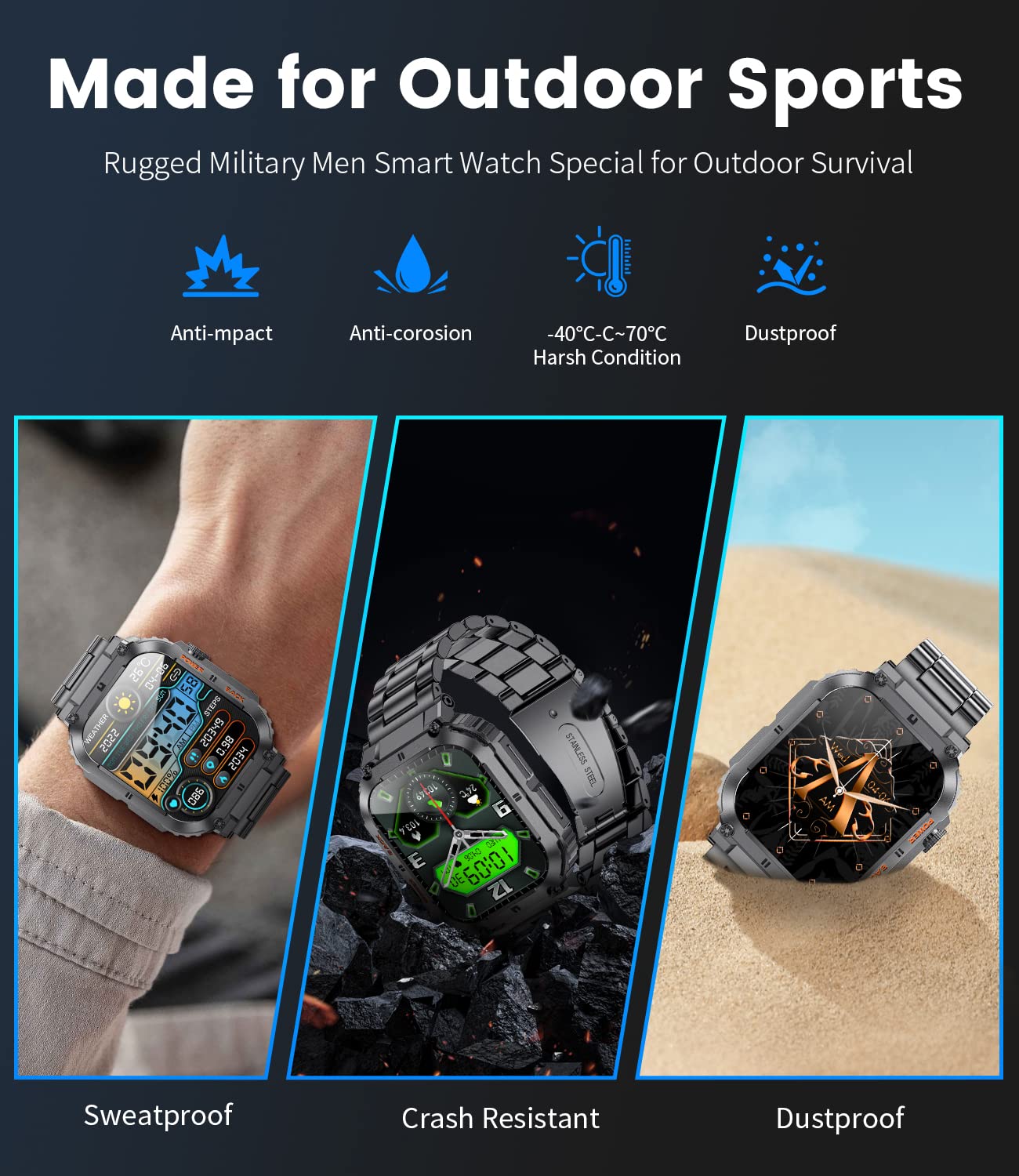 Foto 7 pulgar | Reloj Inteligente Lige Military Con Llamadas, Batería De 400 Mah Y 5 Atm, Negro - Venta Internacional.
