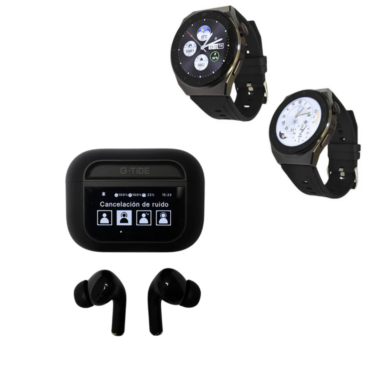 Foto 3 pulgar | Bundle Smartwatch Bossney W03 Pro Negro Incluye G-tide Future Pod Negros
