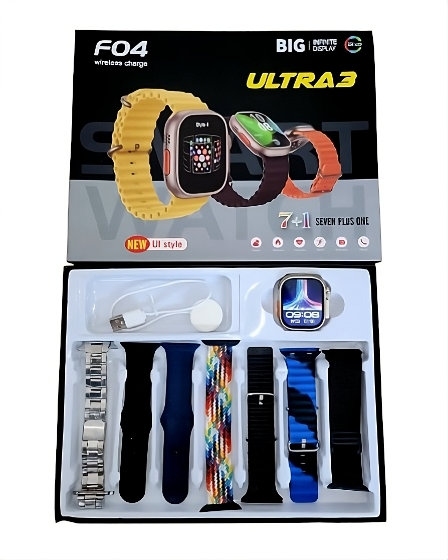 Kit Smartwatch F04 Ultra3 Con 7 Correas De Regalo Con Monitoreo Fitness y notificaciones.
