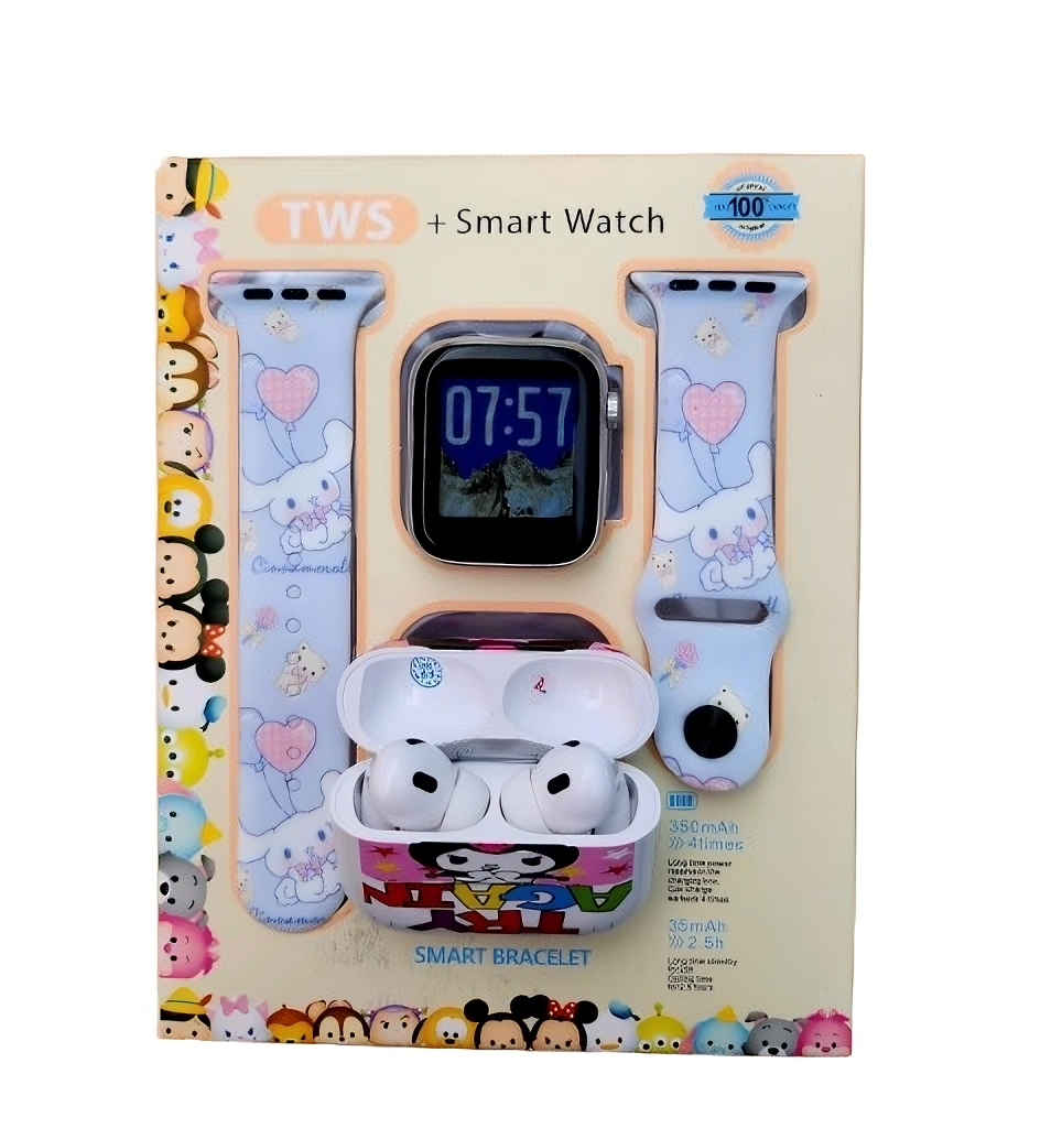 Foto 2 pulgar | Combo Kids Smartwach Con Audifonos Bluetooth Diseño De Kuromi X Cinnanmorroll