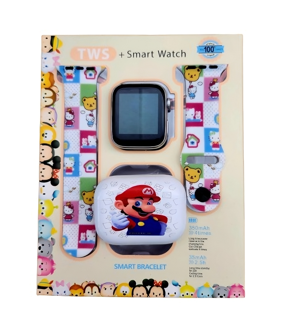 Combo Kids Smartwach Con Audifonos Bluetooth Diseño De Mario Bros X Kitty