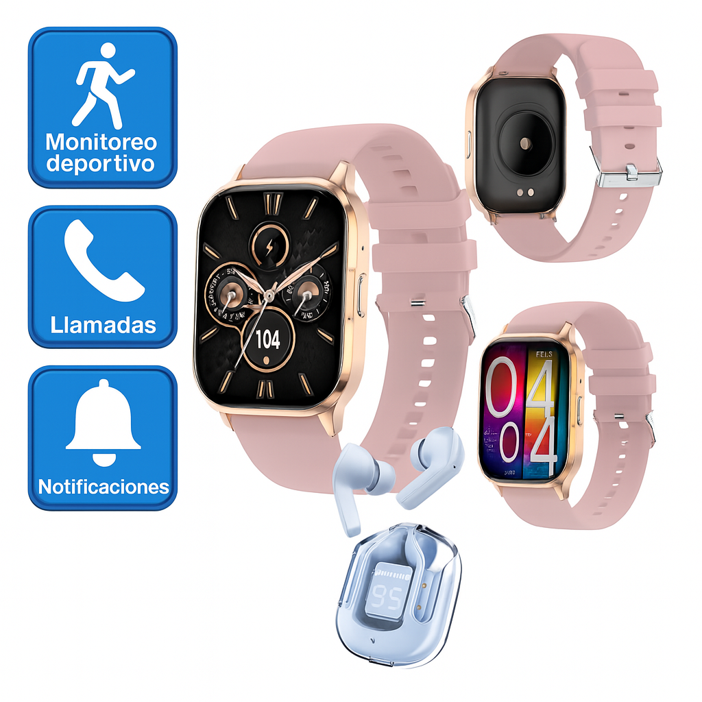 Smartwatch Ultra Rosa Full Touch + Audífonos Bluetooth Z9 Azul Cancelación Ruido Resistente Al Agua