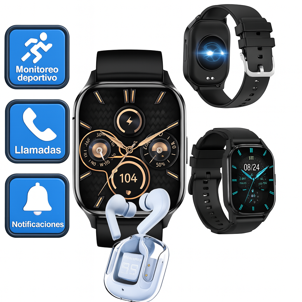Smartwatch Ultra Negro Full Touch + Audífonos Bluetooth Z9 Azul Cancelación Ruido Resistente Al Agua