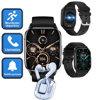 Foto 1 | Smartwatch Ultra Negro Full Touch + Audífonos Bluetooth Z9 Azul Cancelación Ruido Resistente Al Agua