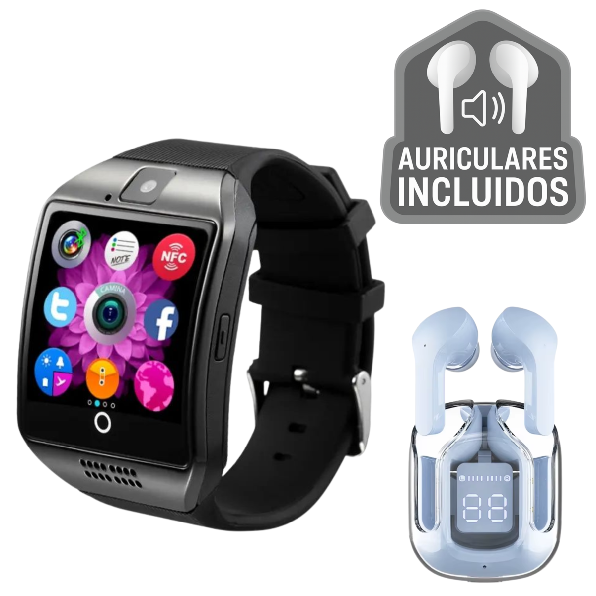 Smartwatch Q18 Negro Con Cámara Ranura Micro Sim Y Microsd + Audífonos Inalámbricos Bluetooth Pro Con Cancelación