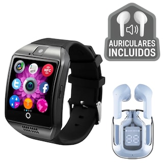 Foto 1 | Smartwatch Q18 Negro Con Cámara Ranura Micro Sim Y Microsd + Audífonos Inalámbricos Bluetooth Pro Con Cancelación