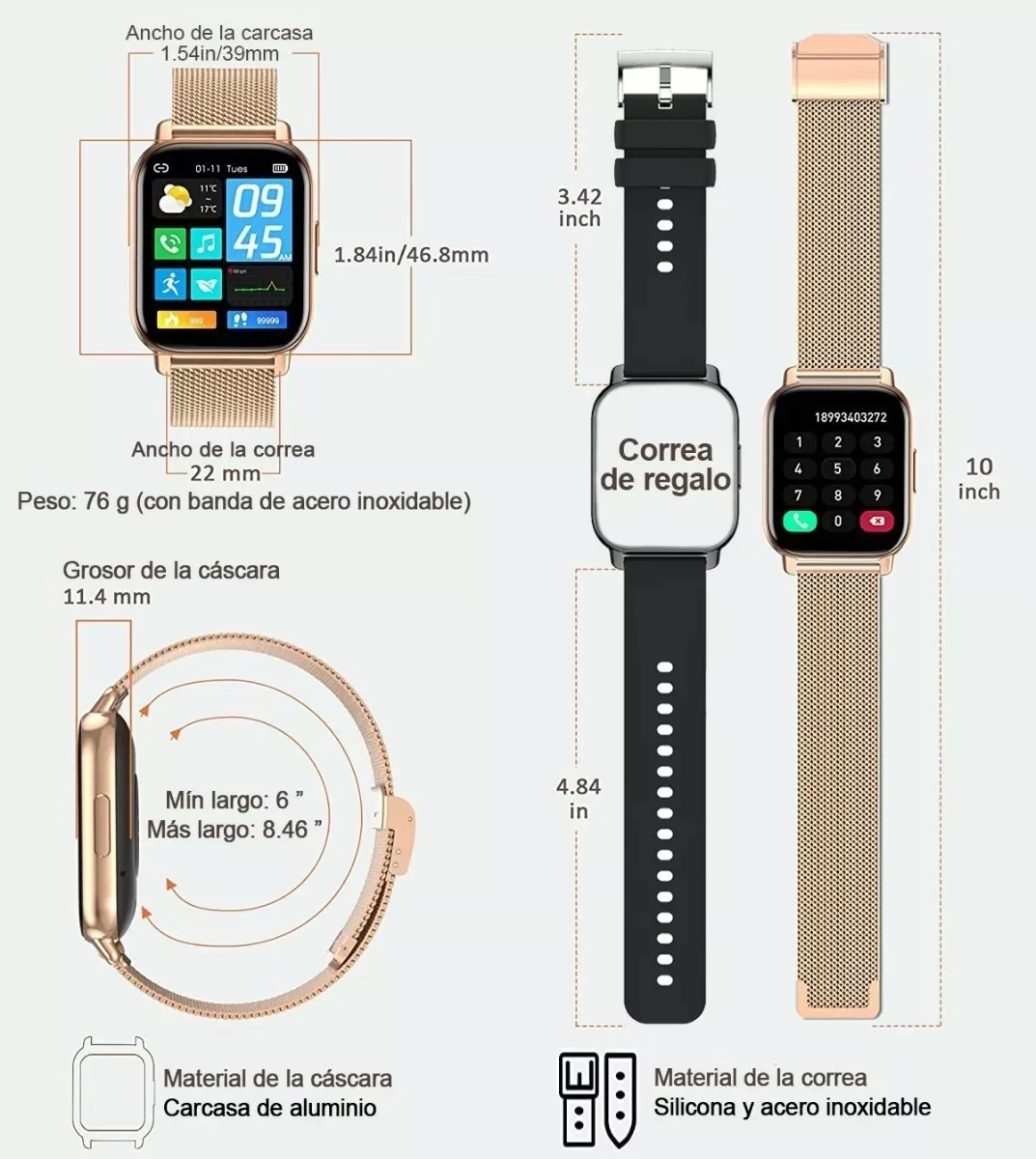 Foto 3 | Reloj Inteligente BELUG color Oro Rosa Impermeable Smartwatch de 1.85 para Dama