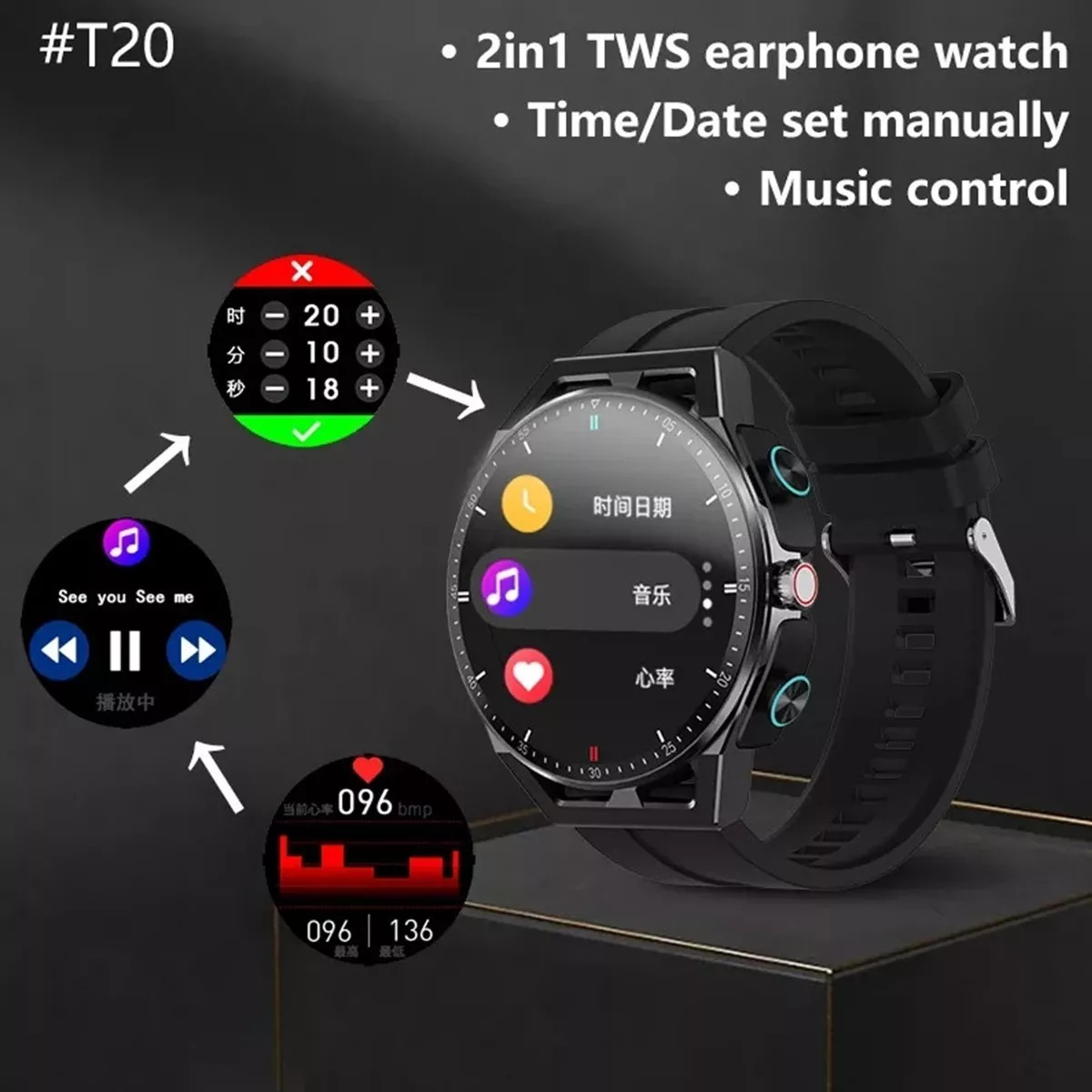 Foto 4 | Smart Watch Fralugio T20 -2 en 1 color Negro con Audífonos TWS HIFI