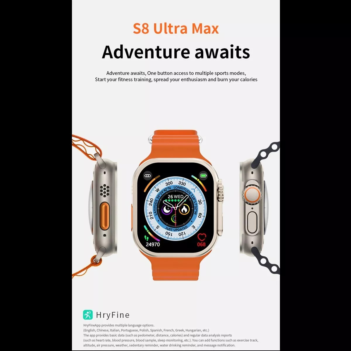 Foto 4 pulgar | Smartwatch Fralugio S8 Ultra Max 2.08" NFC Llamadas HR Naranja