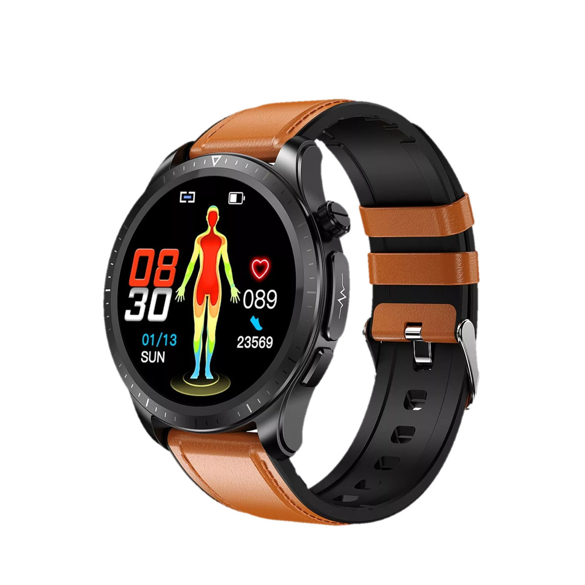 Reloj Smartwatch E420 Fralugio Ecg Mide Glucosa Hr Spo2 Bp  Ext.piel Café